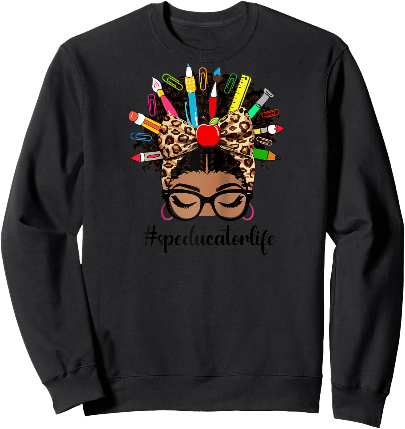 Afro African American Special Education Teacher Messy Bun Raglan Baseball Sweatshirt - Sweatshirt | Black