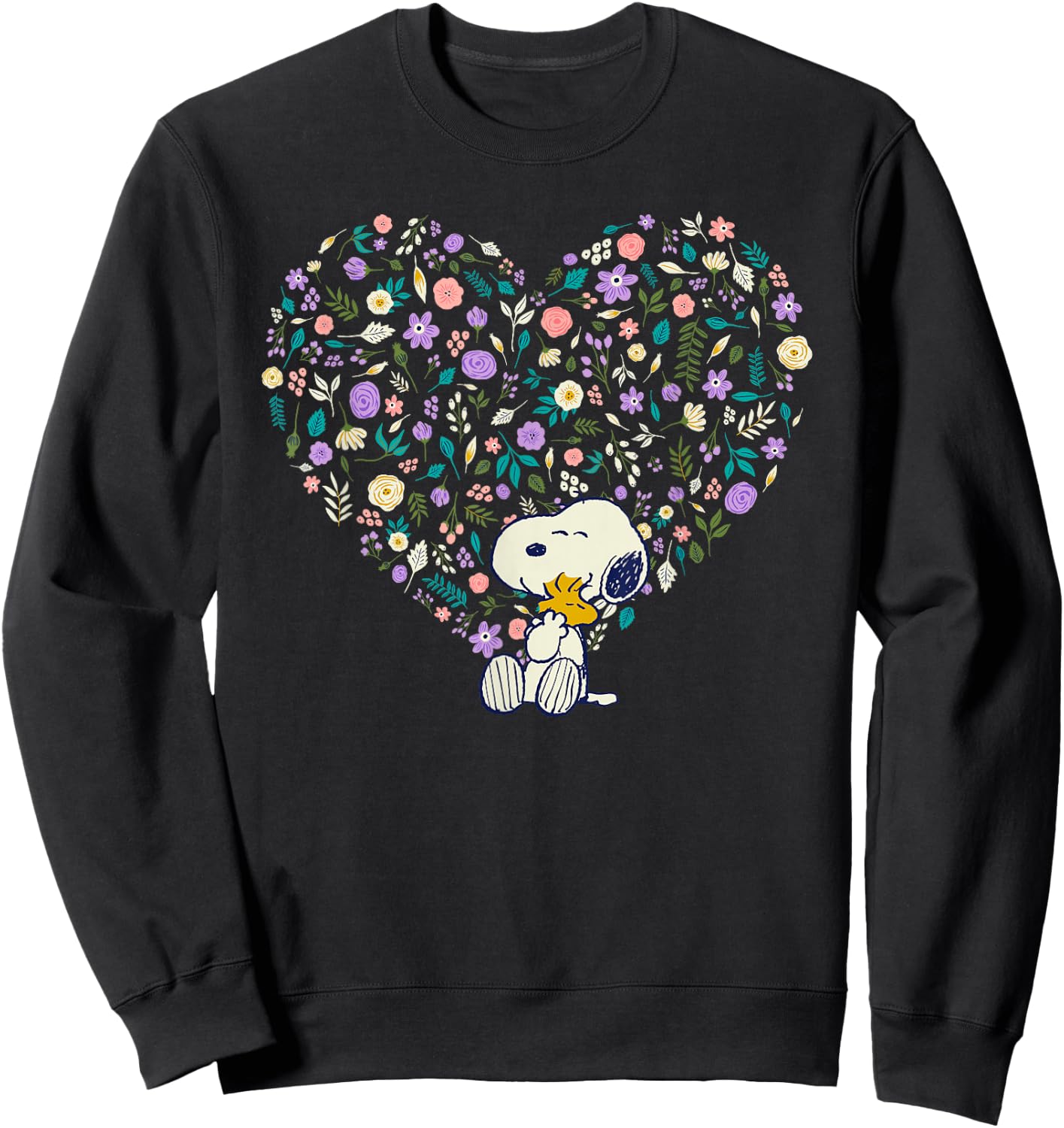 Peanuts Snoopy & Woodstock Hug Heart Floral Sweatshirt - Sweatshirt | Black