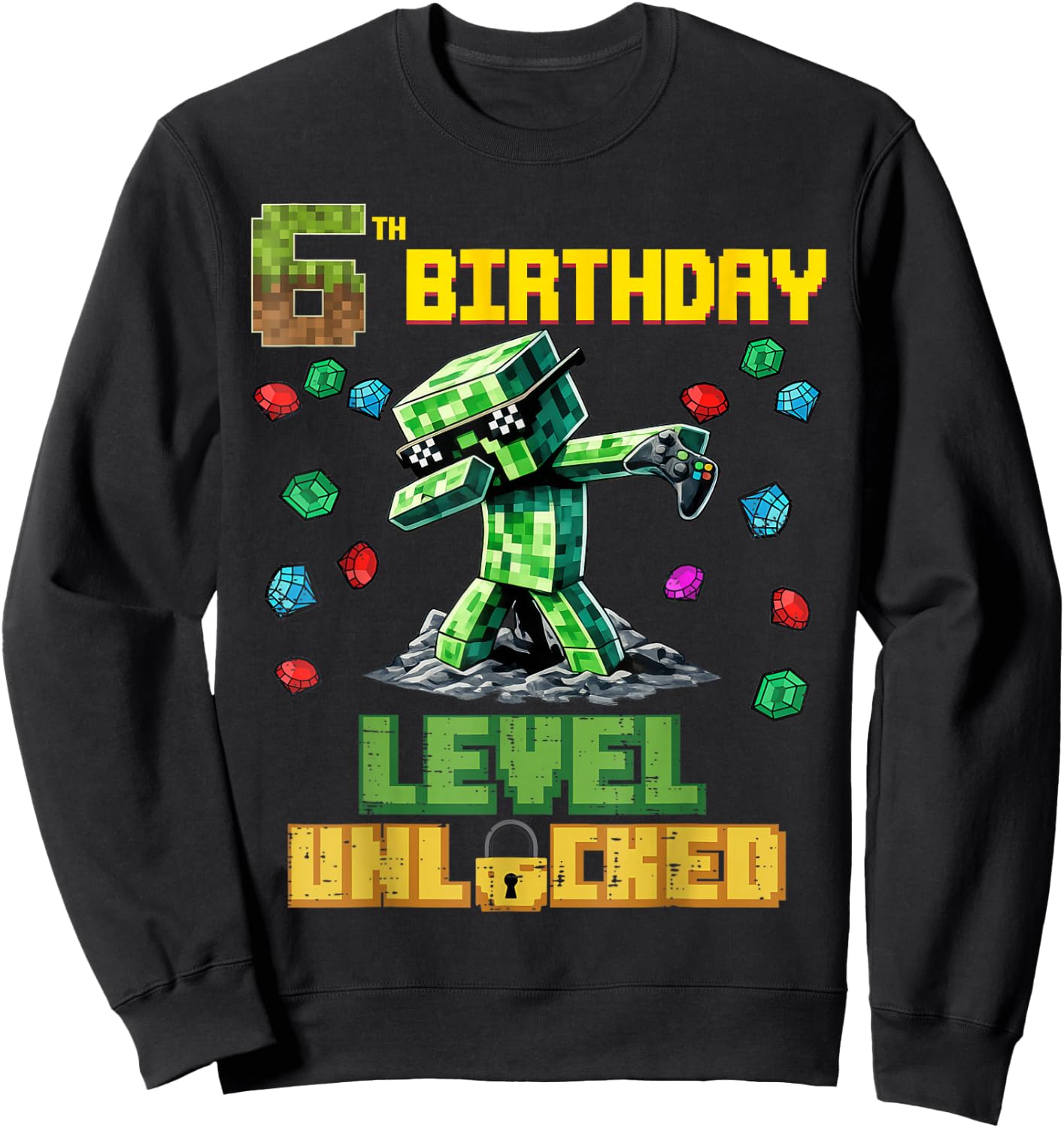 6th Birthday Level Unlocked Pixel Dab 6 Bday Gamer Boys Kids Sweatshirt - Sweatshirt | Black