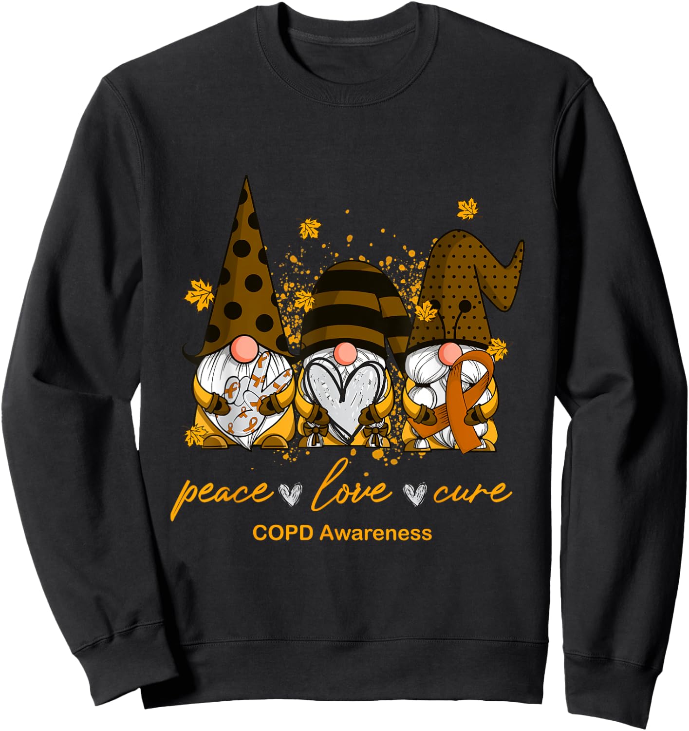 Peace Love Cure Three Gnomes Orange Ribbon COPD Awareness Sweatshirt - Sweatshirt | Black