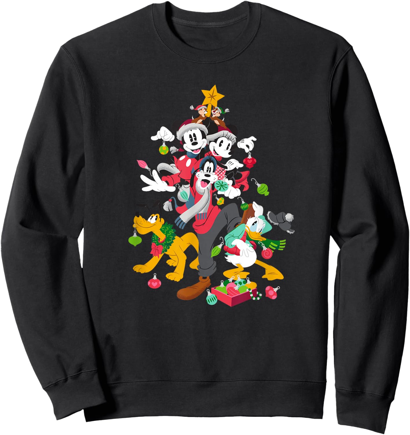 Disney Mickey Minnie Goofy Pluto Chip Dale Christmas Tree Sweatshirt - Sweatshirt | Black