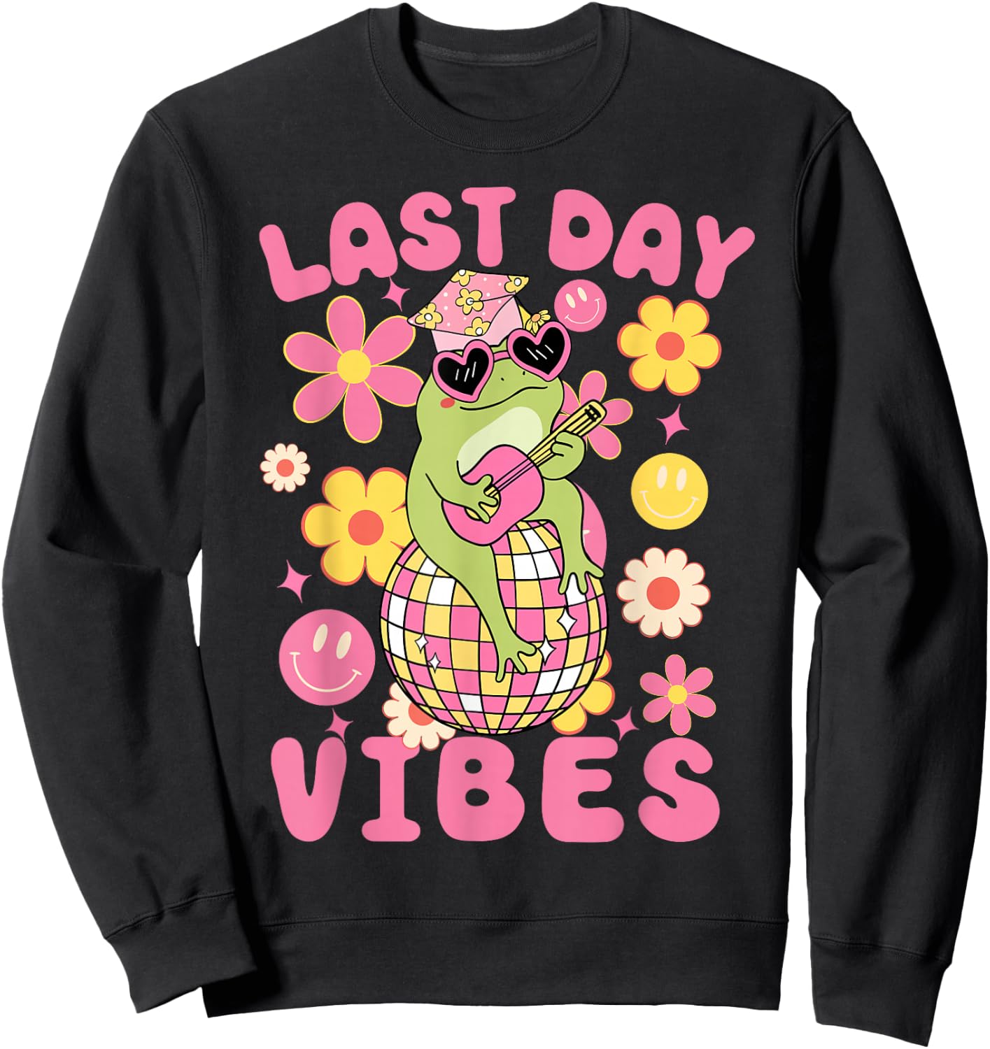 Last Day Of School Vibes-Groovy Frog and Flowers Girls Kids Sweatshirt - Sweatshirt | Black