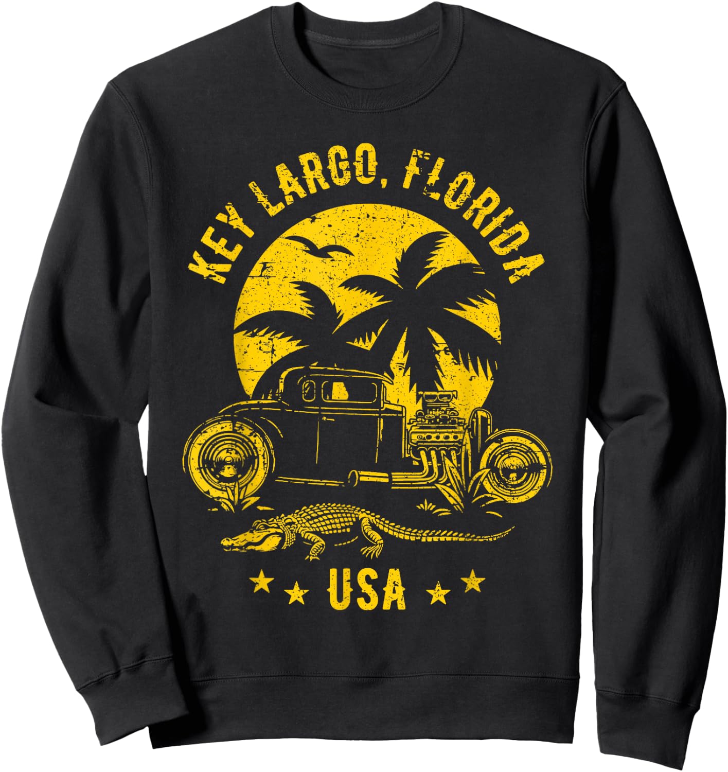 Key Largo Florida Sunset Hotrod Distressed Design , Black, S Sweatshirt - Sweatshirt | Black