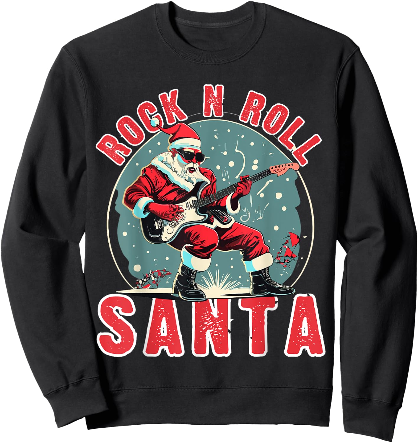 Rock N Roll Christmas Santa Playing Guitar Sweatshirt - Sweatshirt | Black