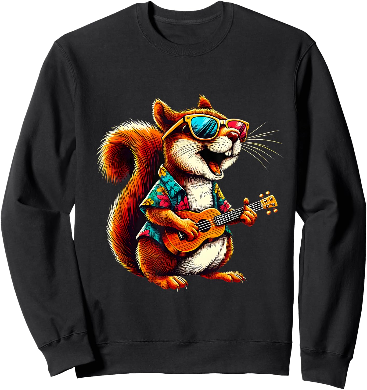 Squirrel Wearing a Hawaiian Shirt, Playing a Ukulele Sweatshirt - Sweatshirt | Black