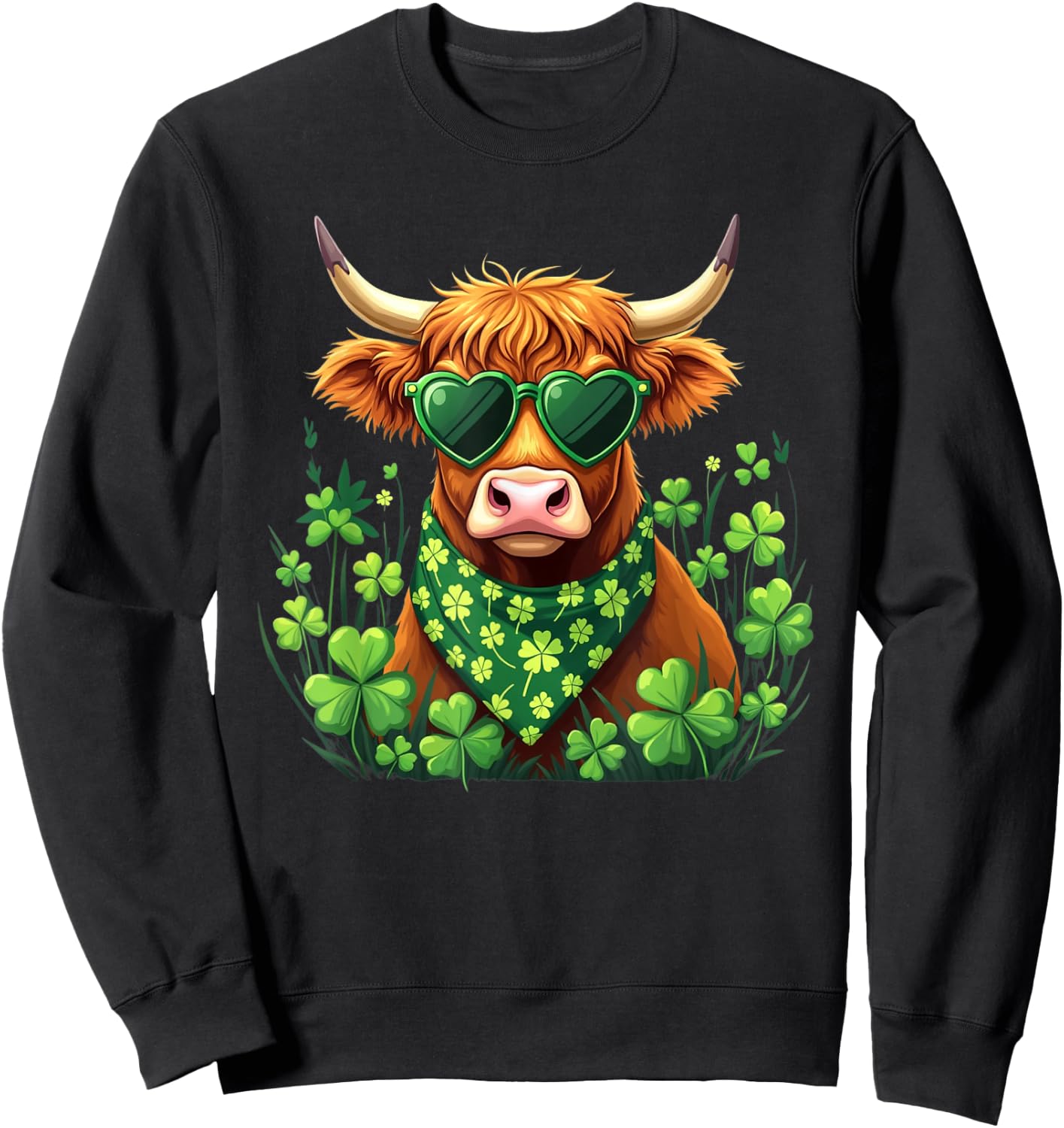Cute Highland Cow St Patrick's Day Shamrock Cow Lover Women Sweatshirt - Sweatshirt | Black