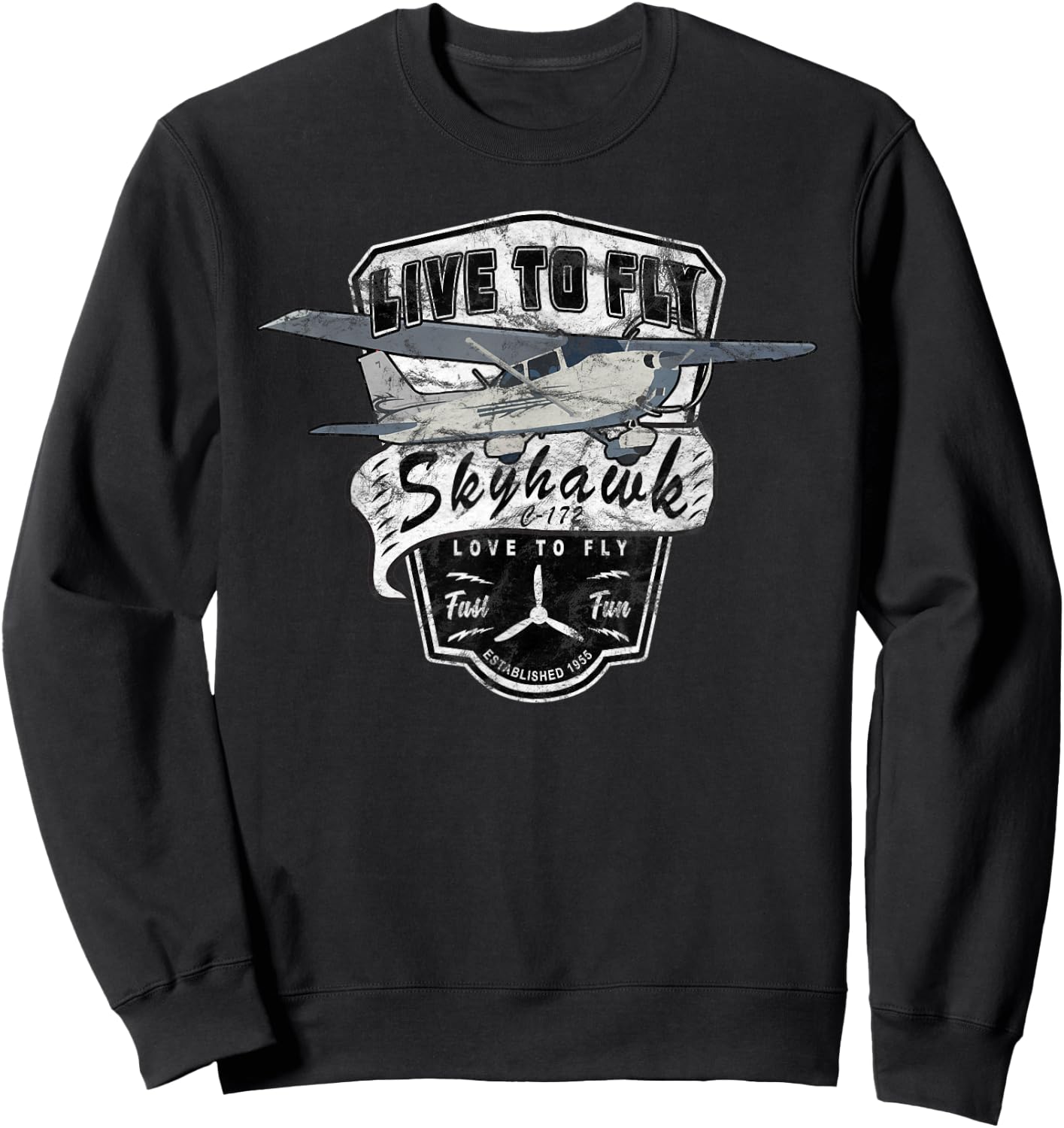 Live to Fly 172 Skyhawk Airplane Pilot Design Sweatshirt - Sweatshirt | Black