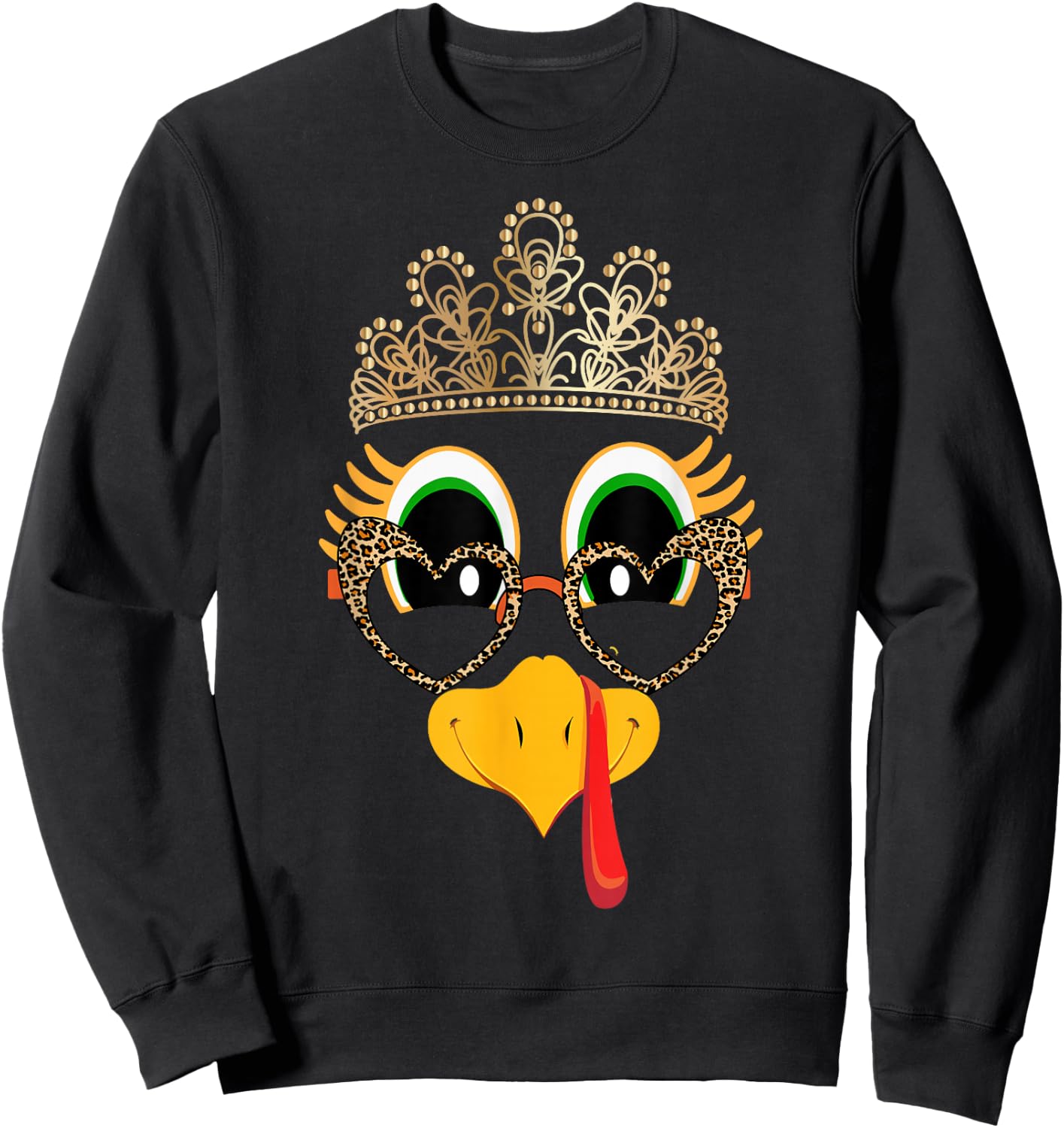 Turkey Face Girl Glasses Leopard With Crown Bow Thanksgiving Sweatshirt - Sweatshirt | Black