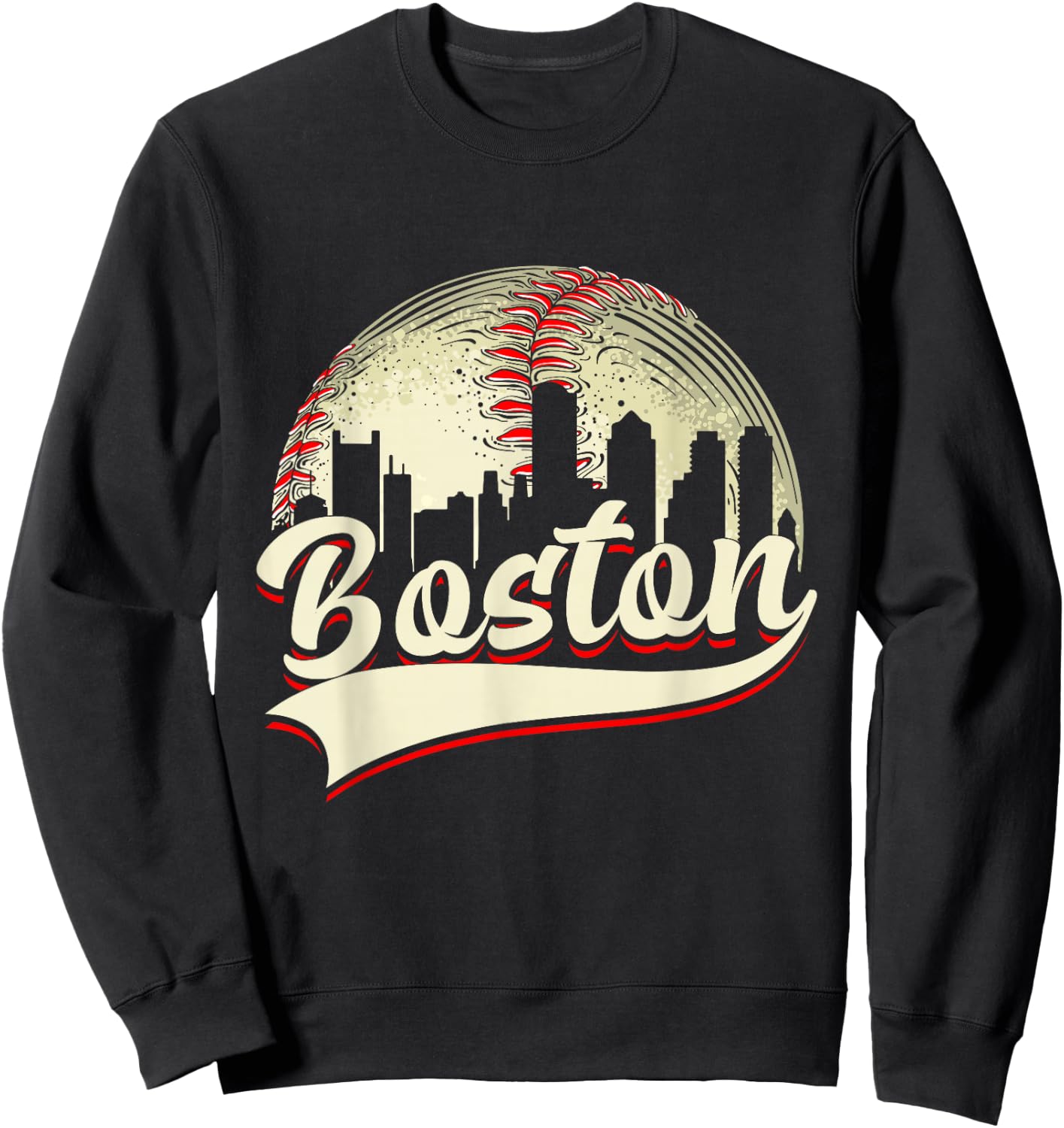 Boston Cityscape Graphic Baseball Lover Player and Fans Sweatshirt - Sweatshirt | Black