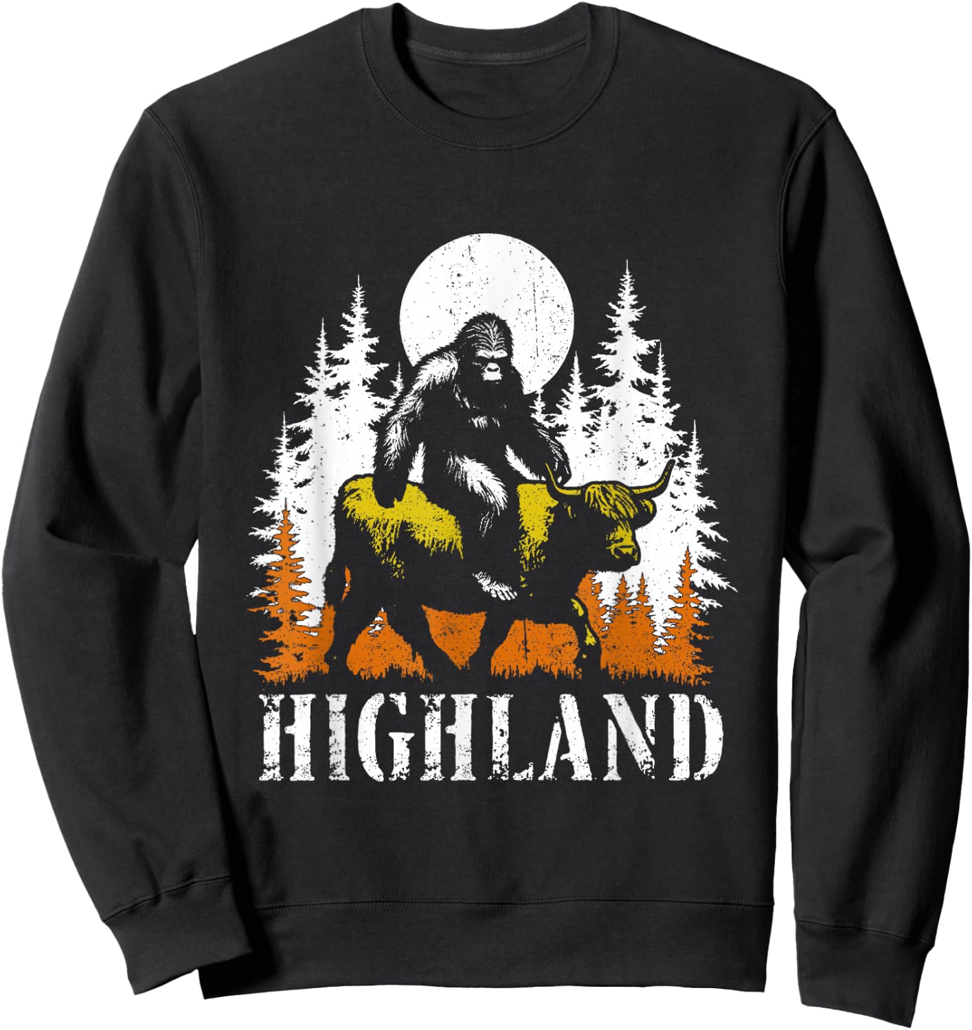 Bigfoot Riding Highland Cow - Funny Sasquatch Cow Lover Sweatshirt - Sweatshirt | Black
