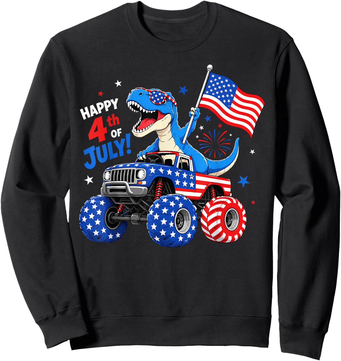 Patriotic Dinosaur Monster Truck 4th of July Toddler Boys Sweatshirt - Sweatshirt | Black
