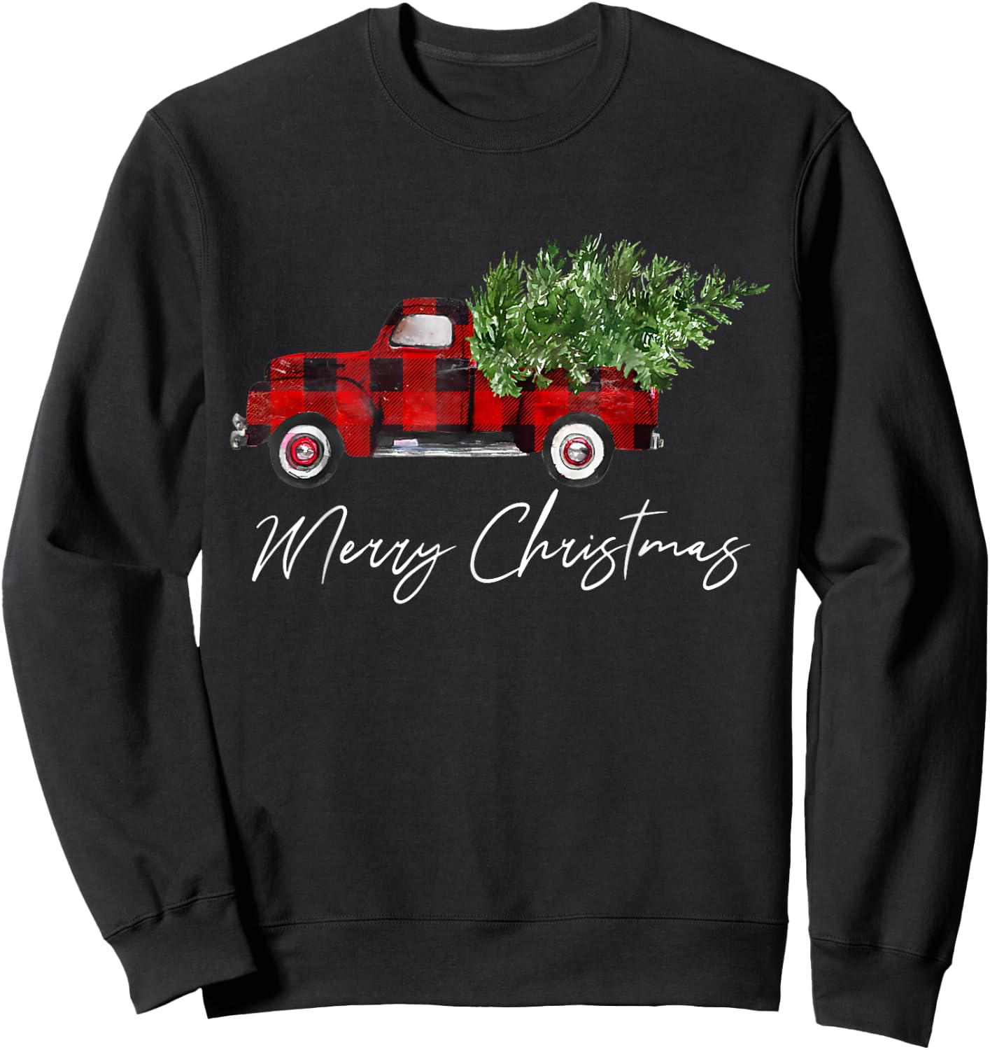 Red Buffalo Plaid Pickup Truck with Tree Merry Christmas Sweatshirt - Sweatshirt | Black