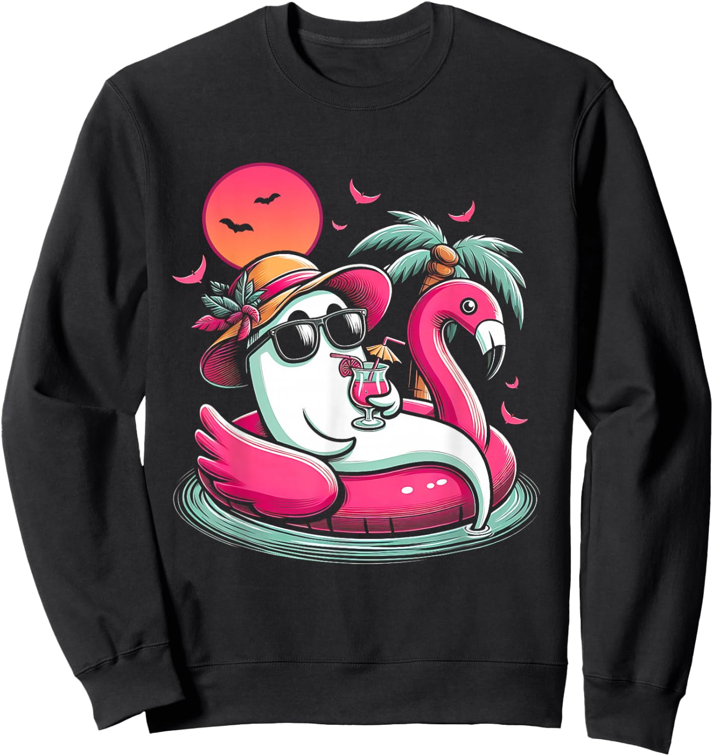 Ghost In Lifebuoy Flamingo On A Pool Float Summer ween Sweatshirt - Sweatshirt | Black