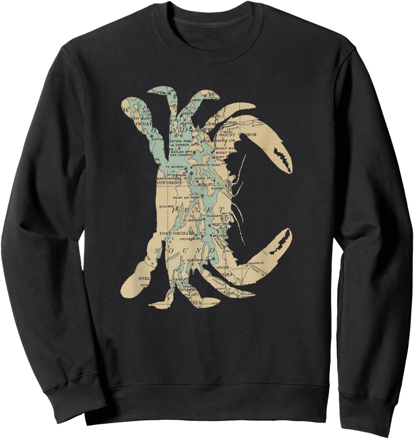 Puget Sound Washington State Crab Silhouette Map Sweatshirt - Sweatshirt | Black