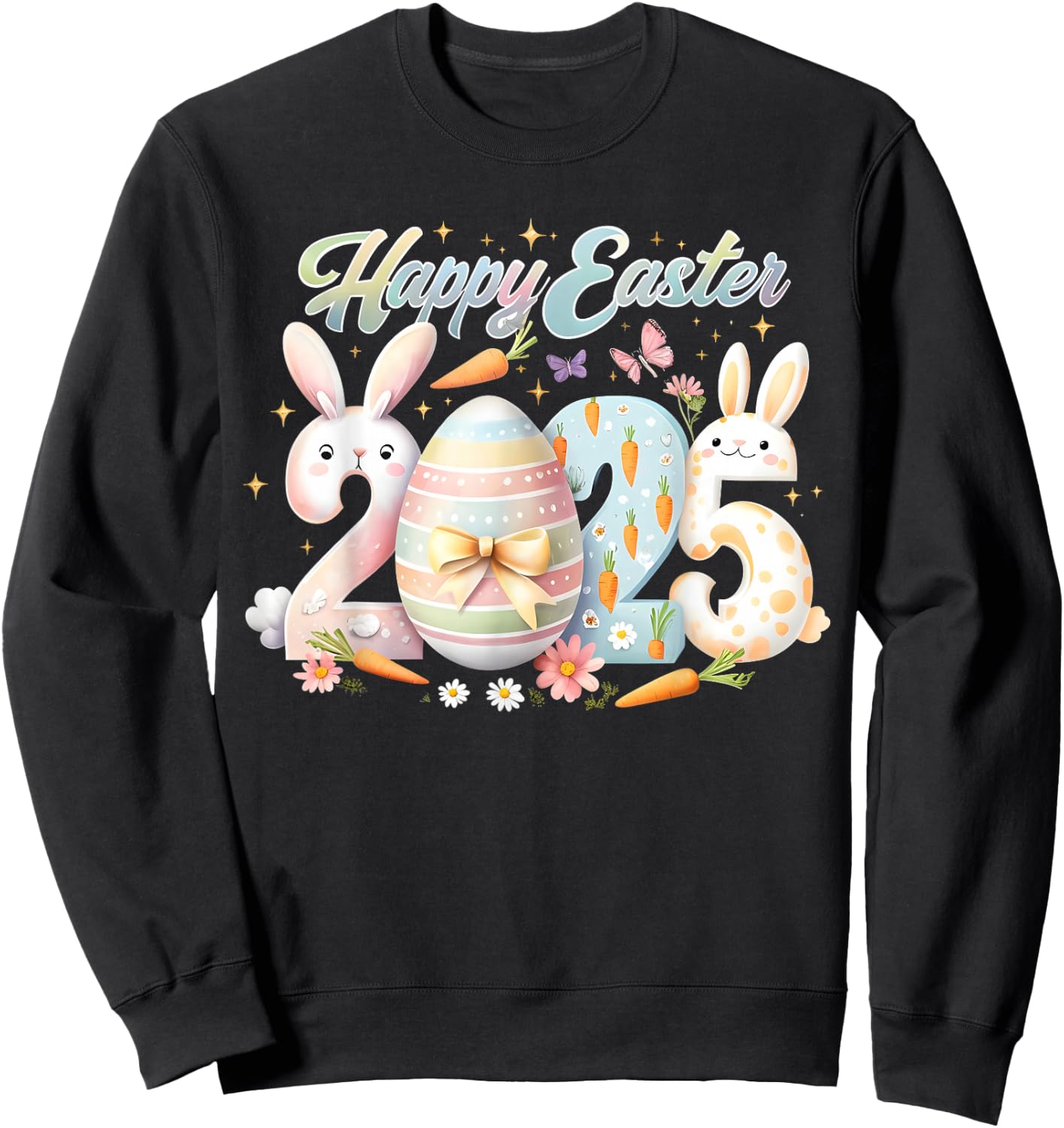 Happy Easter 2025 Bunny Rabbit Face Easter Day Women Girls Sweatshirt - Sweatshirt | Black