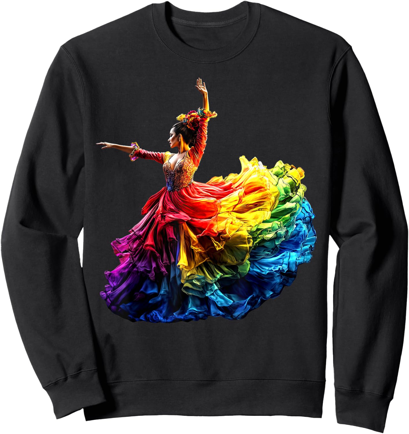 Flamenco Dancer Dress Colorful Rainbow Flamenco , Black, S Sweatshirt - Sweatshirt | Black