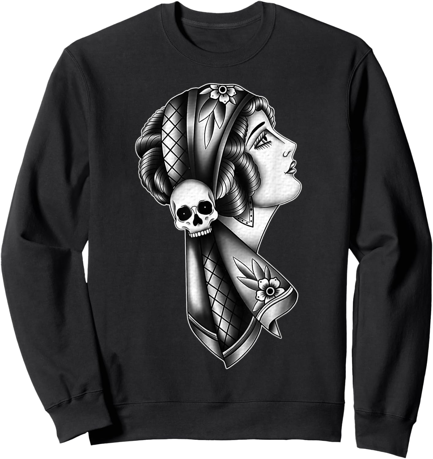 Gypsy Woman Skull American Traditional Tattoo Flash Sweatshirt - Sweatshirt | Black