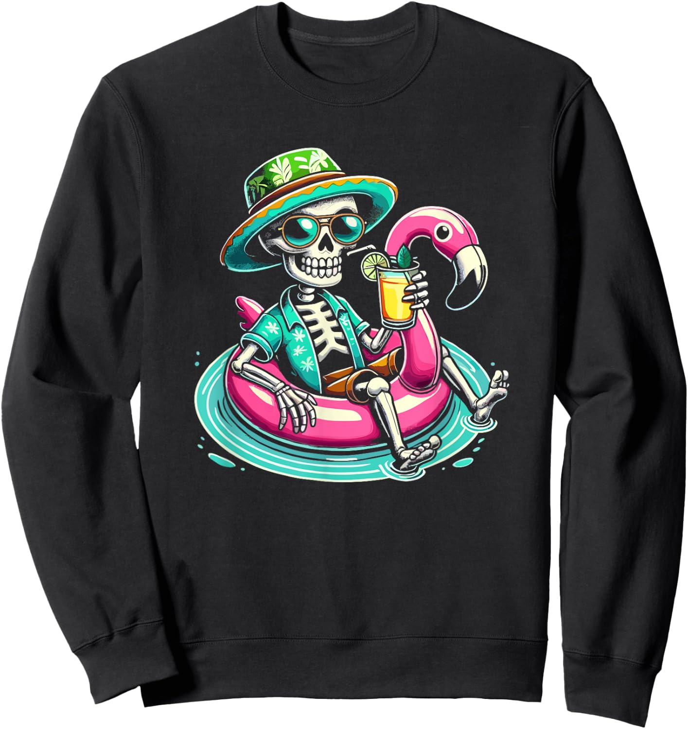 Skeleton Relaxing On Flamingo Float Beach Vibes Halloween Women Kids Sweatshirt - Sweatshirt | Black