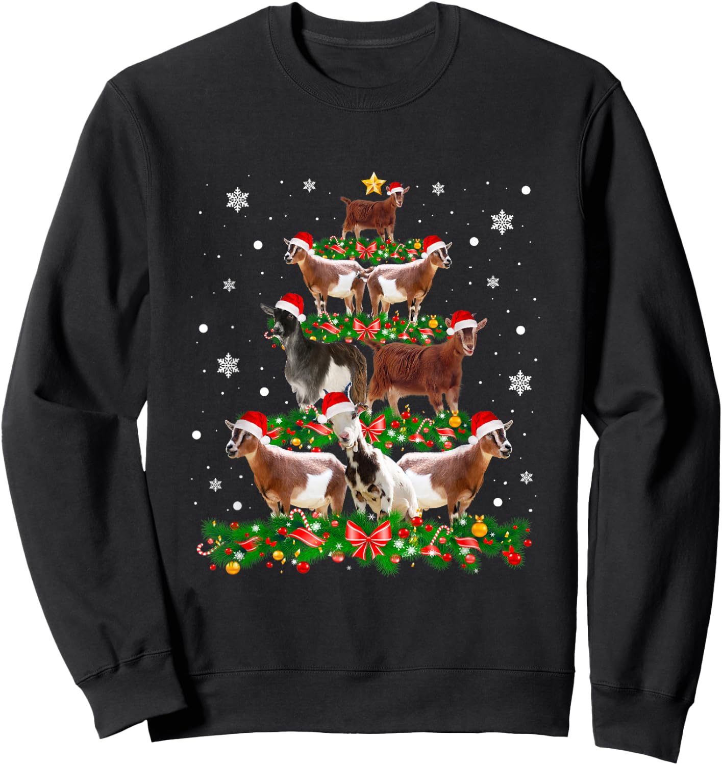 Goat Christmas Pajama Shirt Xmas Goats Tree Lights Santa Hat Sweatshirt - Sweatshirt | Black
