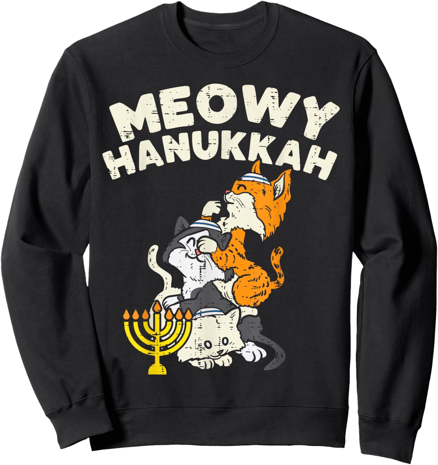 Meowy Hanukkah Cats Kitten Cute Hanukkah Pajamas Chanukah PJ Sweatshirt - Sweatshirt | Black