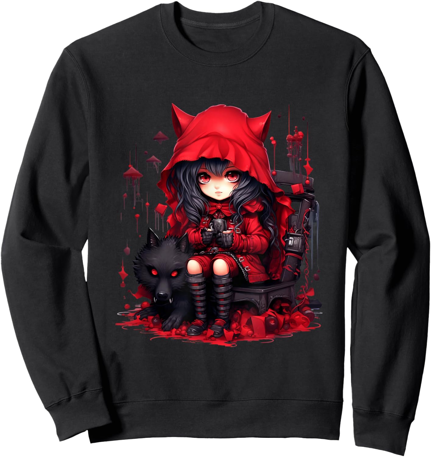 Chibi Little Red Riding Hood and Bad Wolf | Anime Kawaii Style , Black Sweatshirt - Sweatshirt | Black