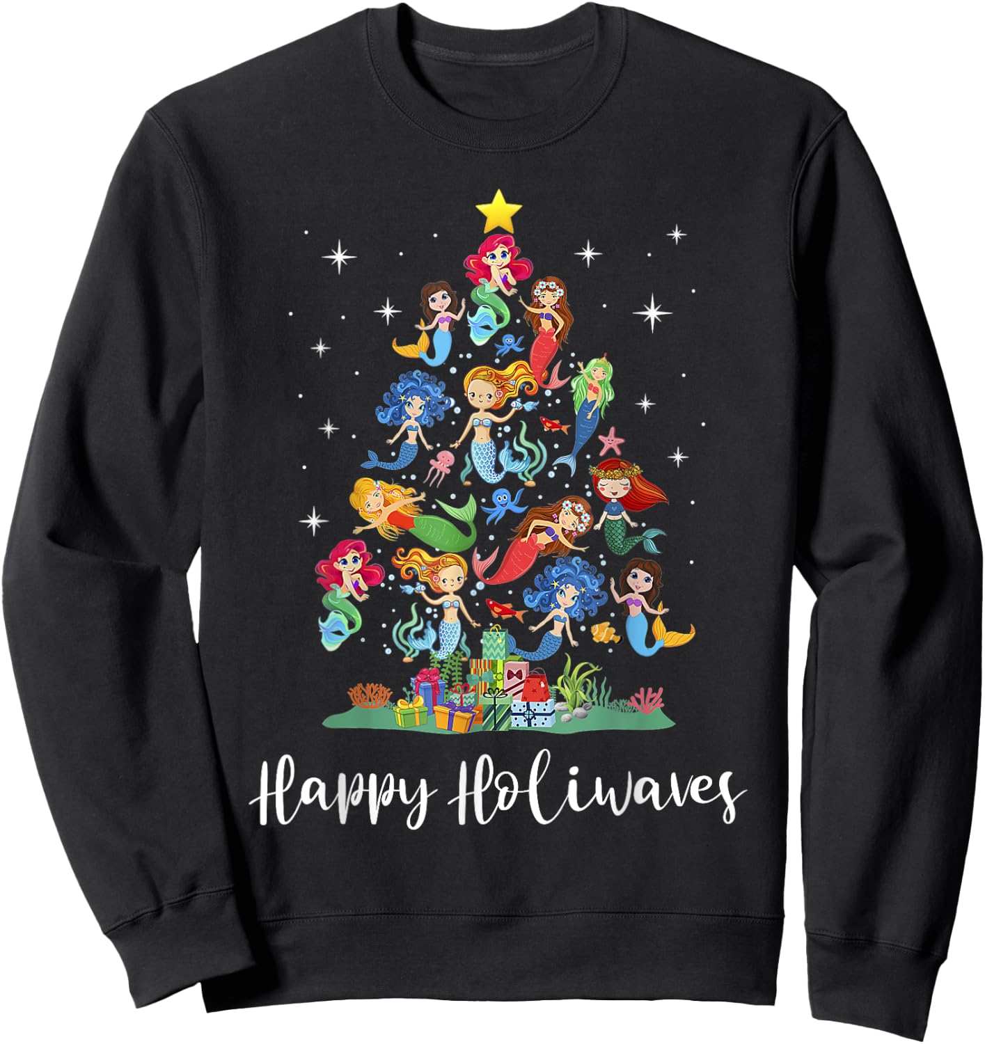 Mermaid Christmas Tree Happy Holiwaves Mermaid Lover Women Sweatshirt - Sweatshirt | Black