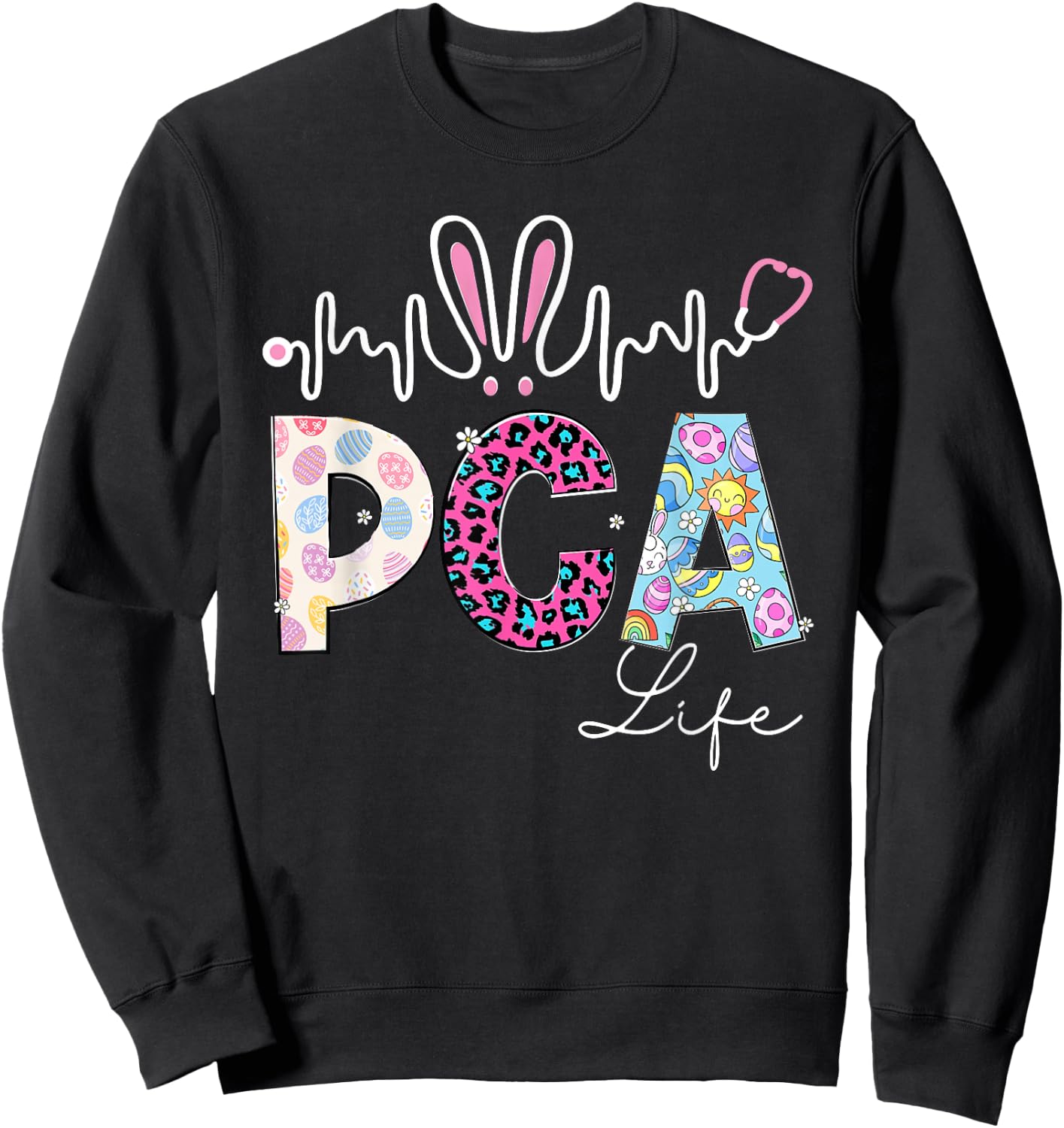 PCA Life Stethoscope Leopard Cute Easter Bunny Easter Day Sweatshirt - Sweatshirt | Black