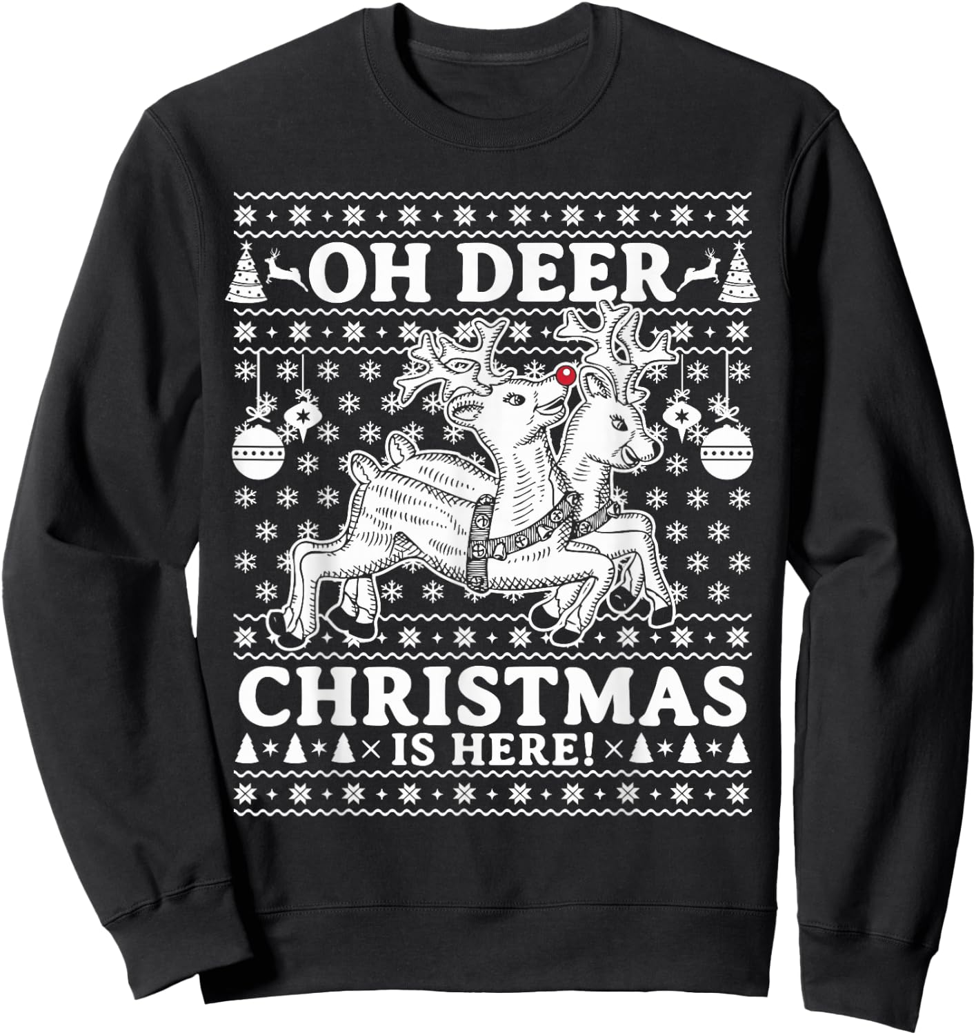 Oh Deer Christmas Is Here Reindeer Ugly Christmas Pajama Sweatshirt - Sweatshirt | Black