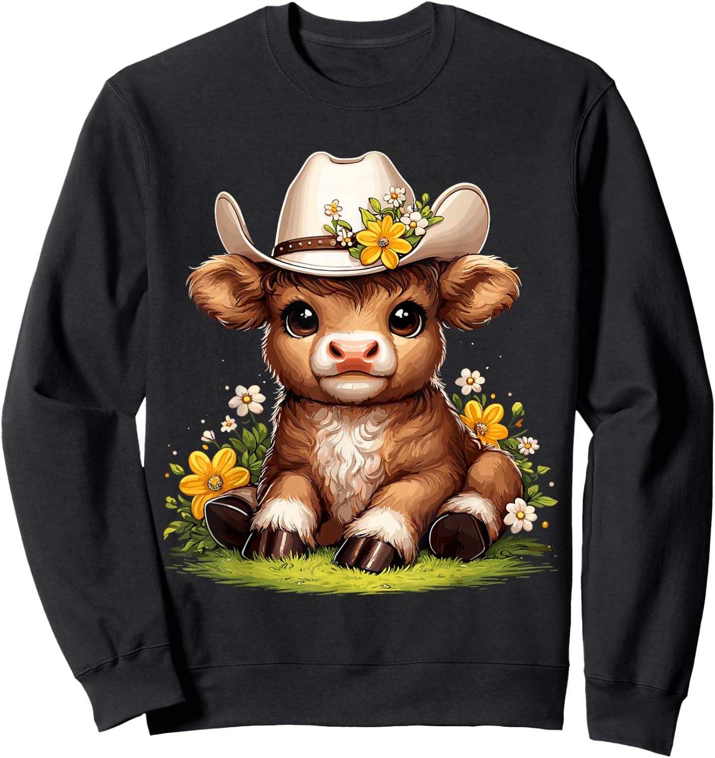 Scottish Highland Cow Flowers Cattle Hairy Cow Sweatshirt - Sweatshirt | Black