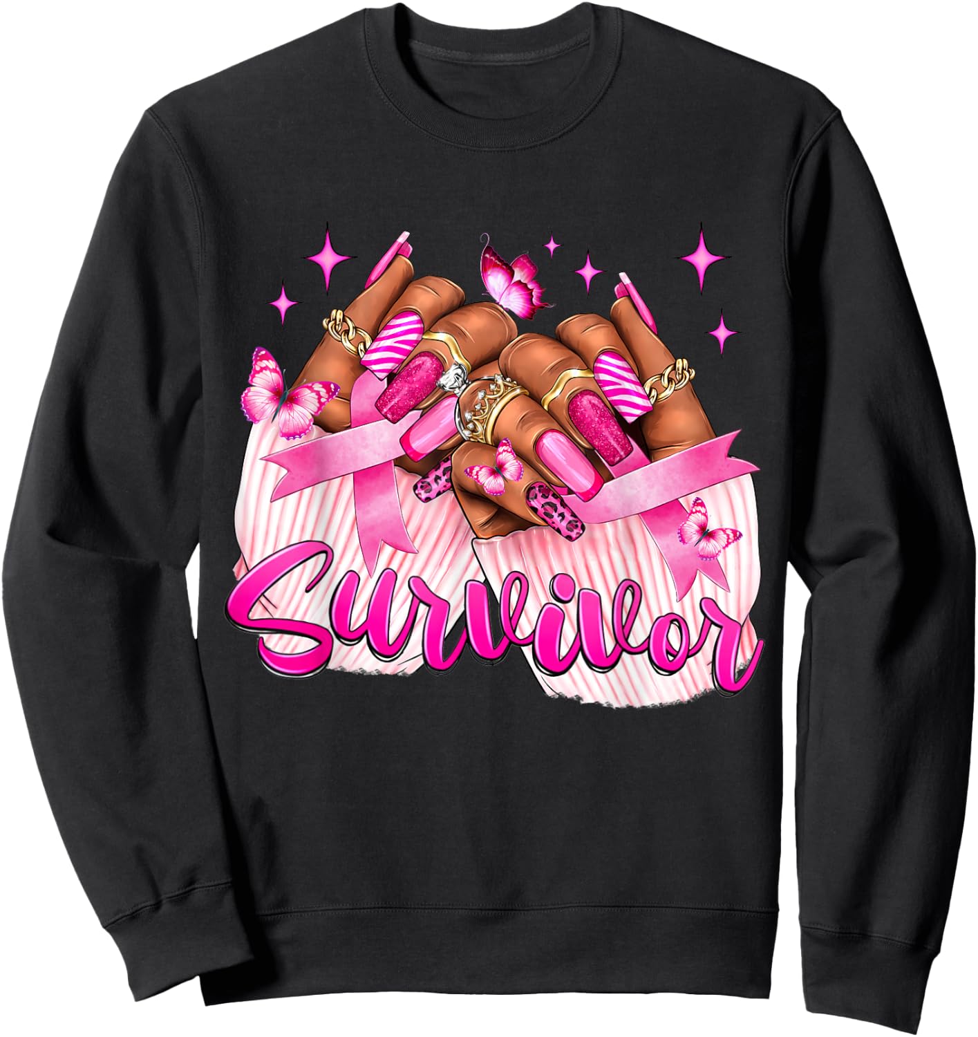 Breast Cancer Survivor Awareness Black Woman Nails Pink Sweatshirt - Sweatshirt | Black