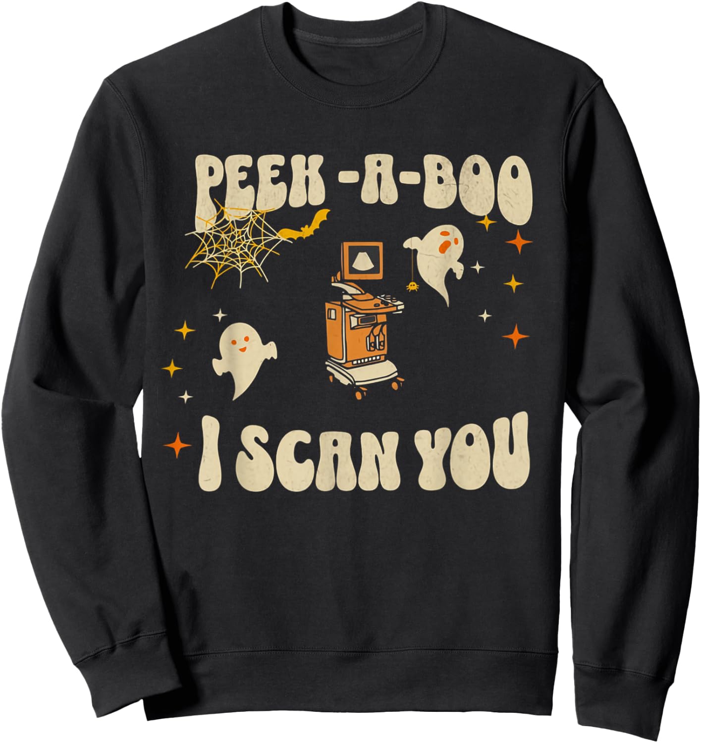 Retro Ultrasound Peek-A-Boo Halloween Ghost Sonography Crew Sweatshirt - Sweatshirt | Black