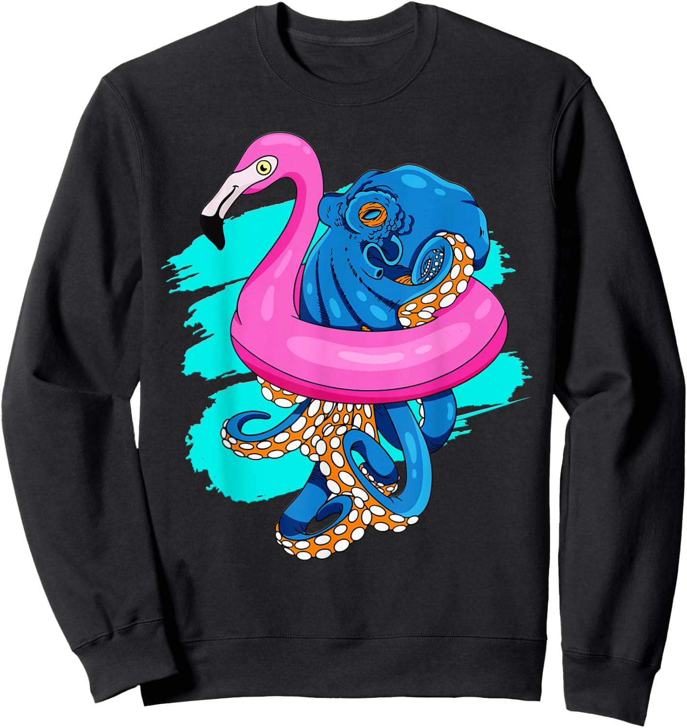 Blue Octopus In Pink Flamingo Swimming Pool Fun Octopus Sweatshirt - Sweatshirt | Black