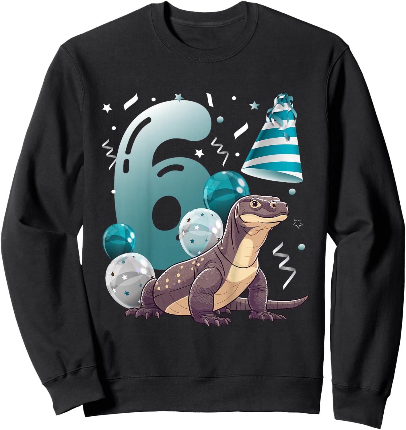 Kids 6th Komodo Dragon Birthday Party Six Year Old Komodo Dragon Sweatshirt - Sweatshirt | Black