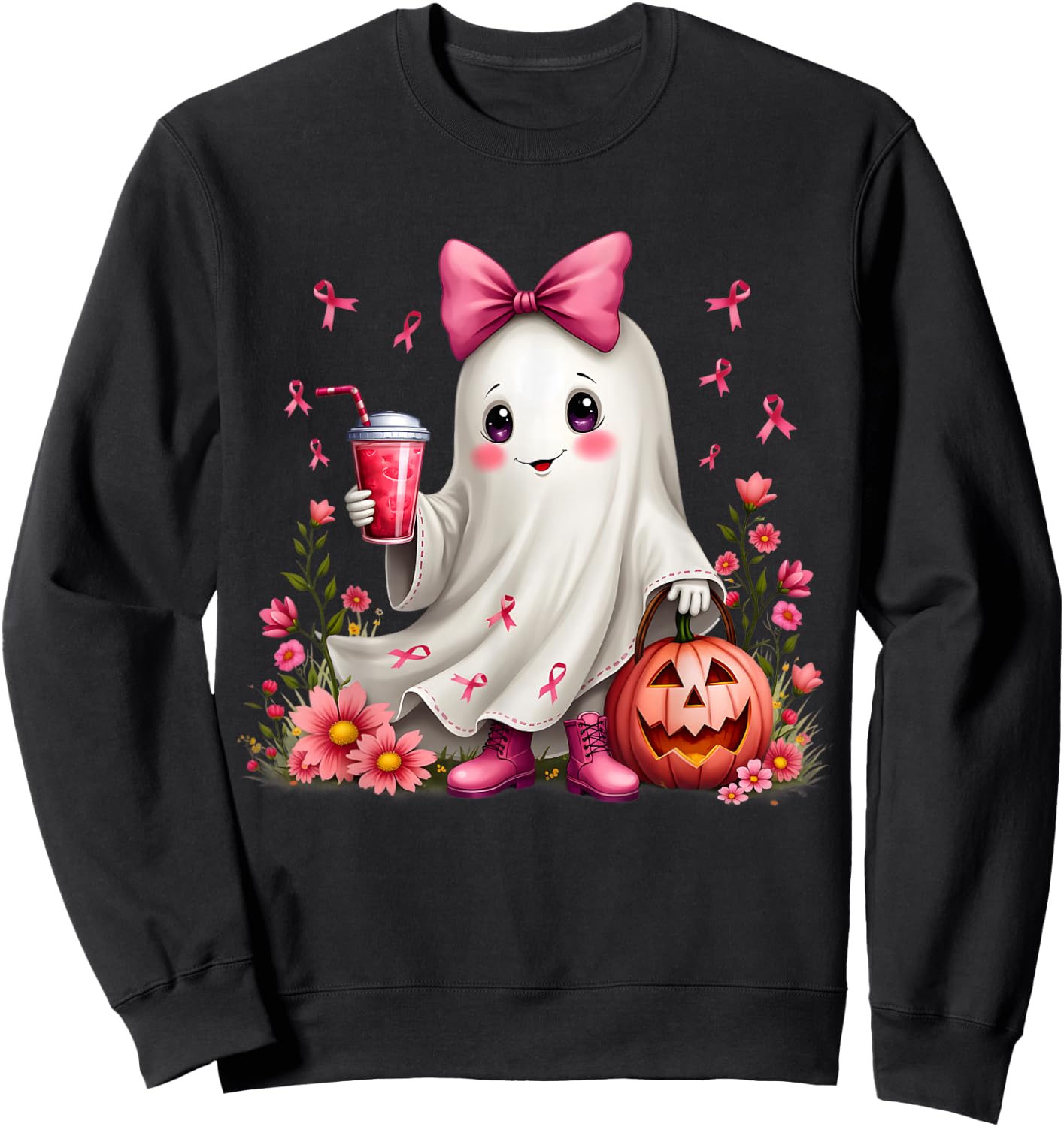 In October We Wear Pink Ghost Breast Cancer Awareness Sweatshirt - Sweatshirt | Black