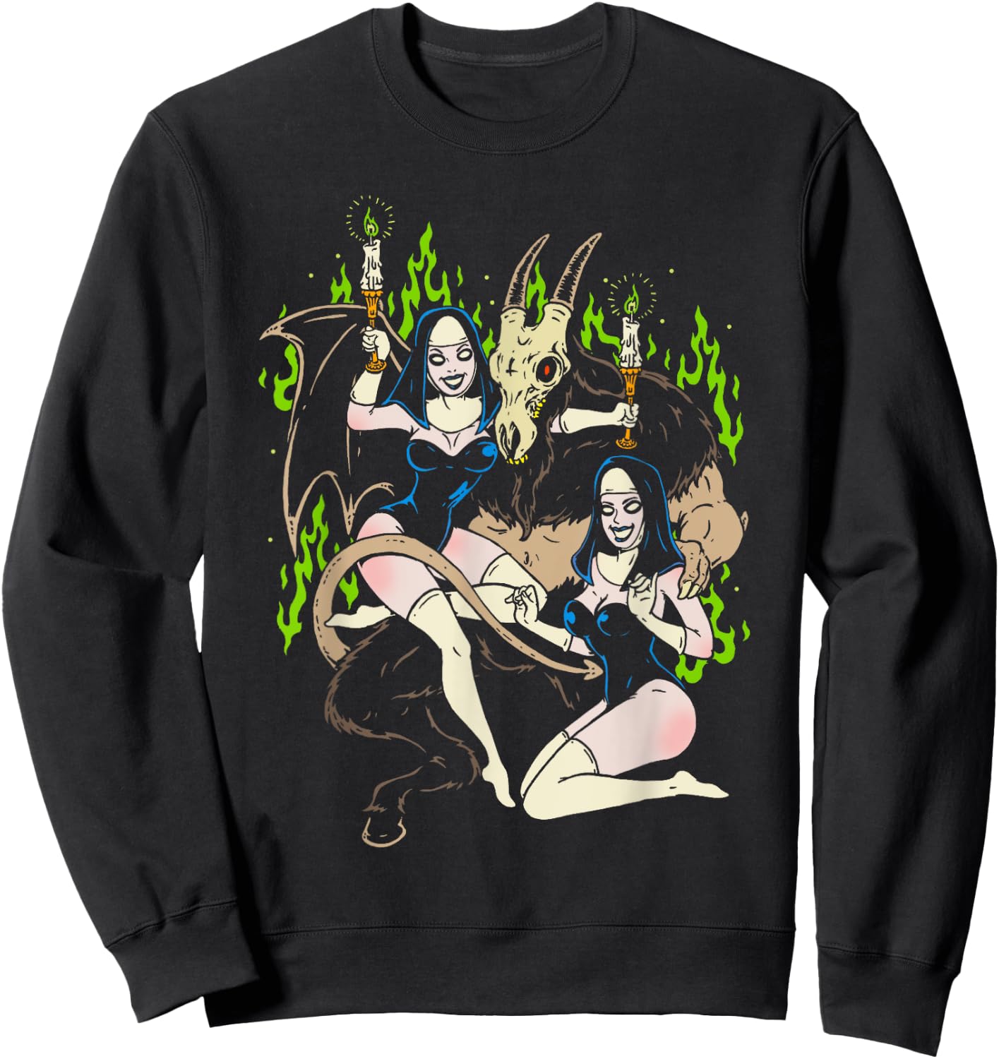 Baphomet Occult Goat Man Demon with Sexy Nuns Sweatshirt - Sweatshirt | Black