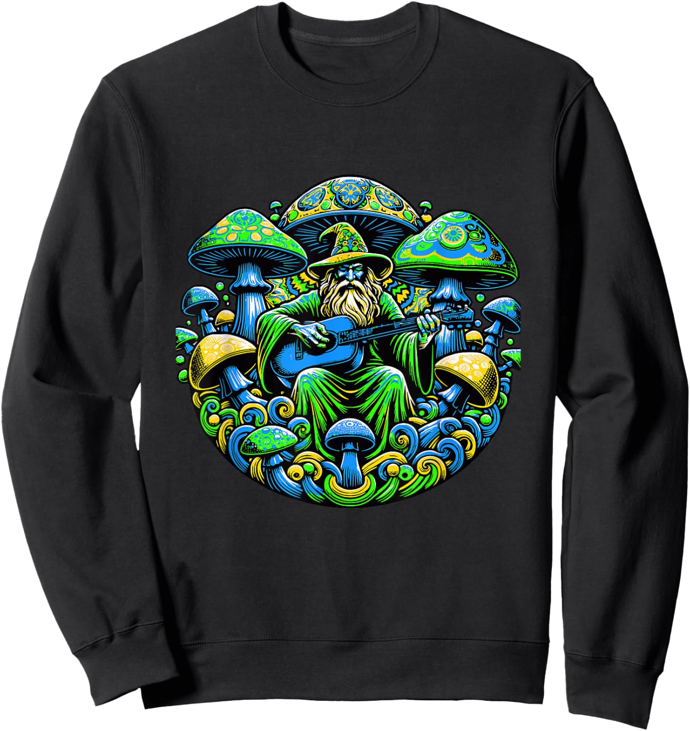 Psychedelic Trippy Rave Colourful Mushroom Guitar and Wizard Sweatshirt - Sweatshirt | Black
