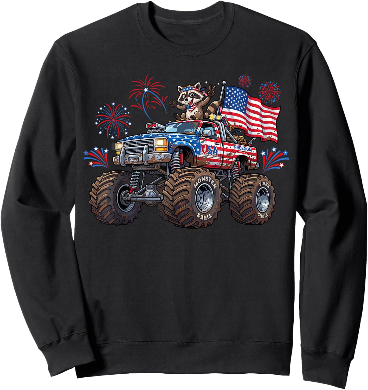 Monster Truck Raccoon USA Patriotic Shirt Men 4th of July Sweatshirt - Sweatshirt | Black