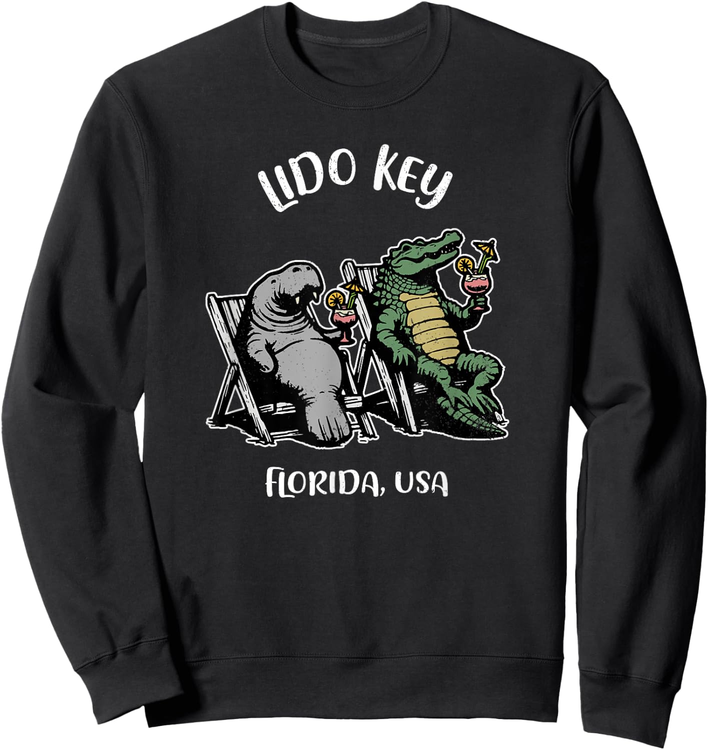Lido Key Florida USA Funny Manatee and Alligator Design Sweatshirt - Sweatshirt | Black