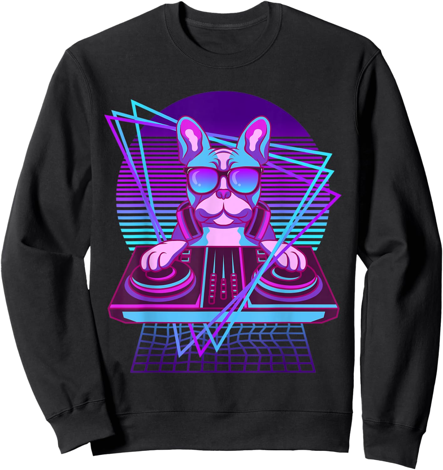 Vaporwave Bulldog DJ Turntable Sunglass French Bulldog Men Women Sweatshirt - Sweatshirt | Black