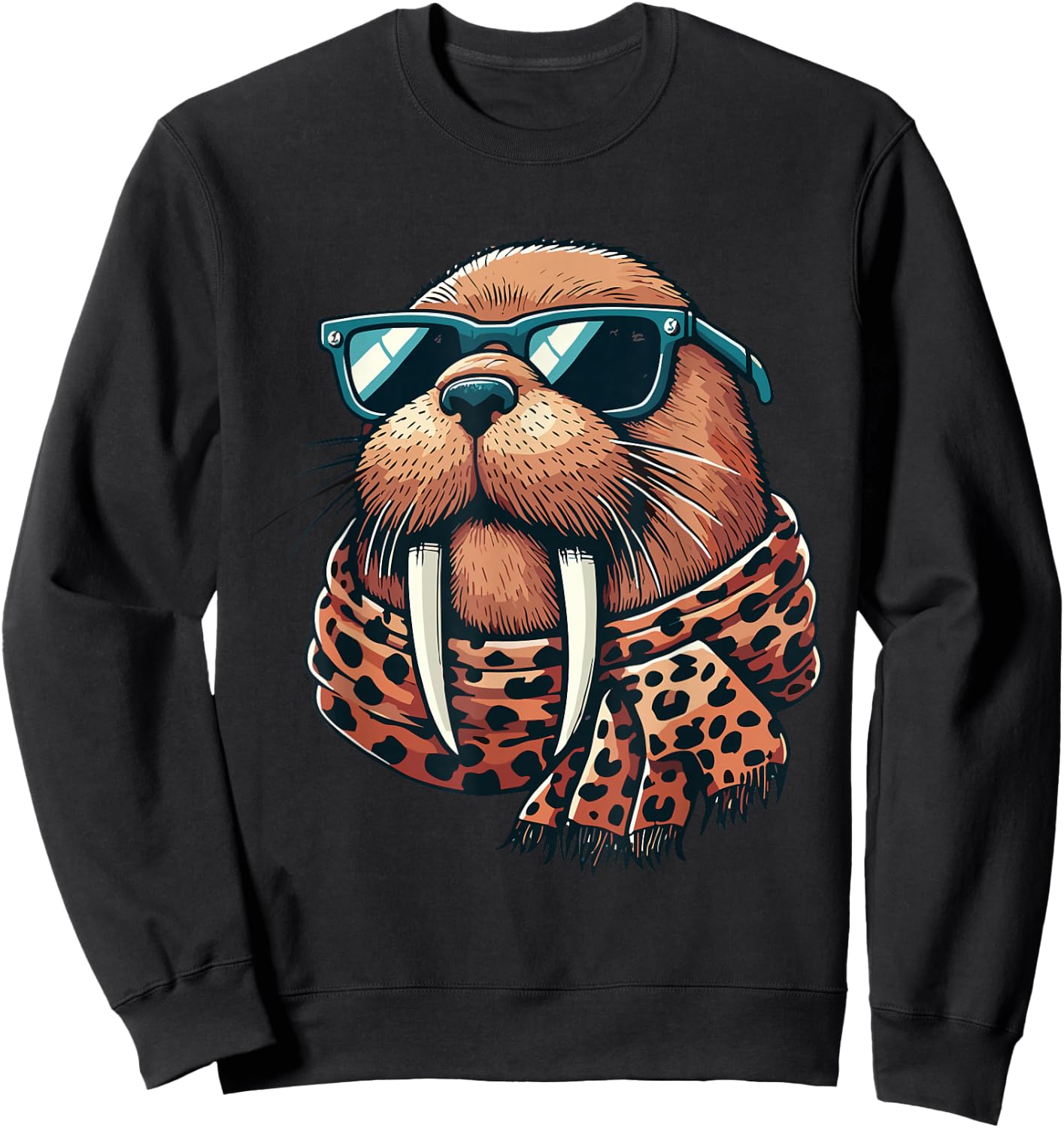 Walrus Wearing Leopard Scarf Animal Wearing Sunglasses Sweatshirt - Sweatshirt | Black