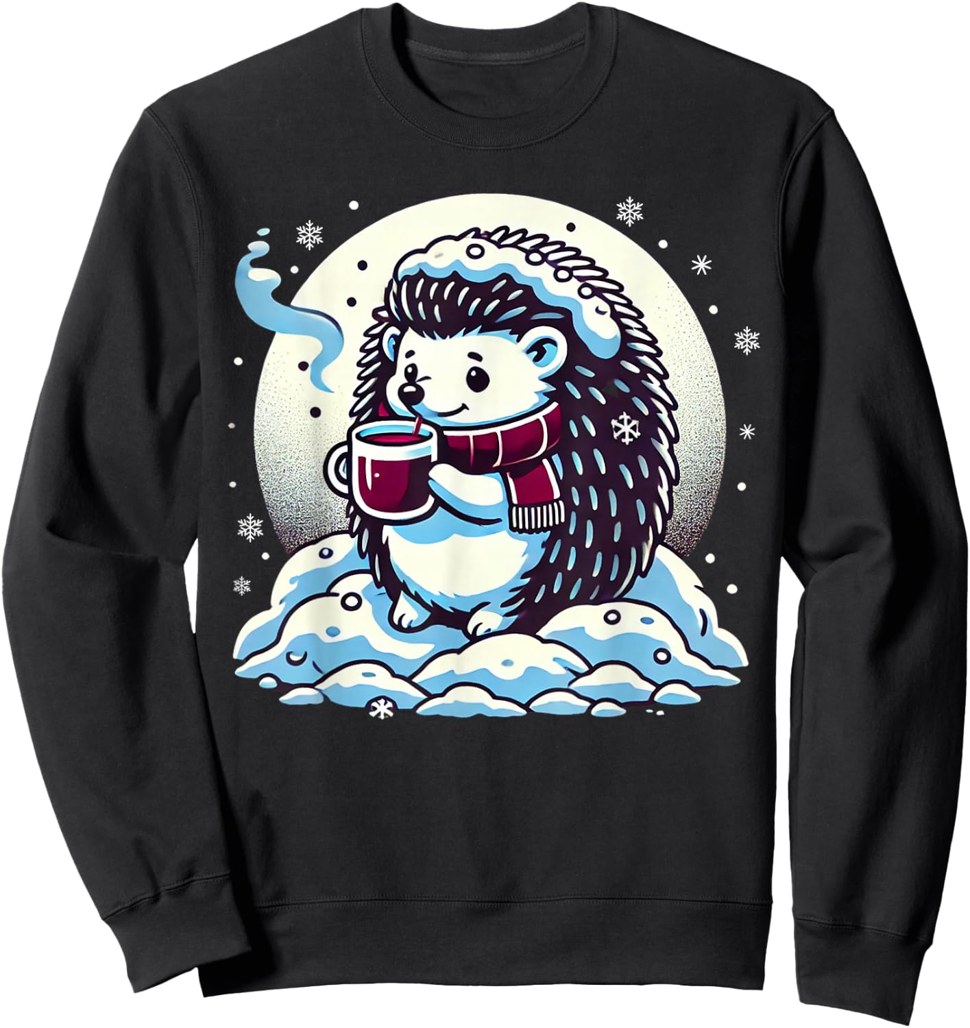 Hedgehog Enjoying Hot Chocolate In Snowy Winter Sweatshirt - Sweatshirt | Black