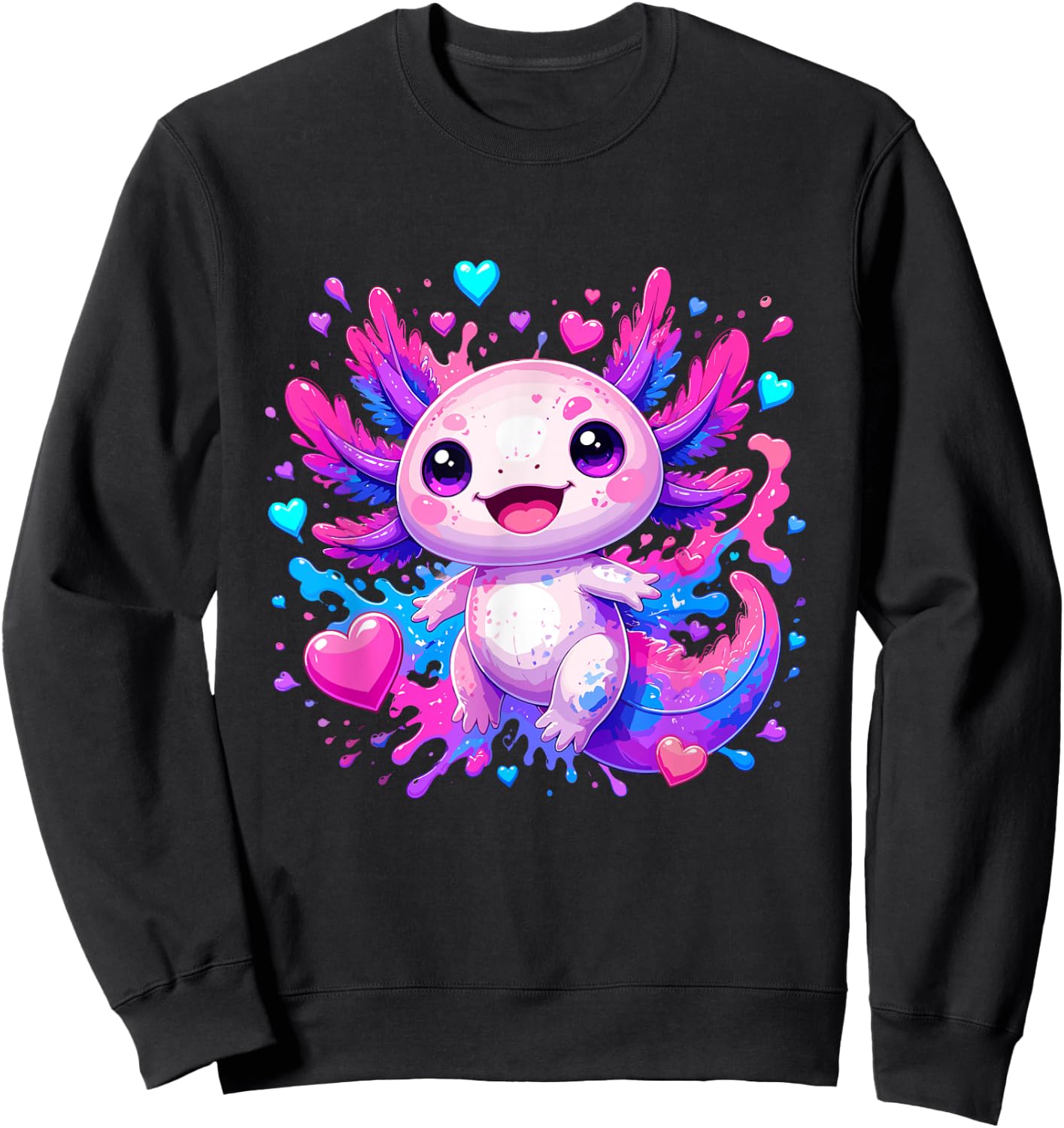 Cute Kawaii Axolotl with Colorful Hearts Splash Sweatshirt - Sweatshirt | Black