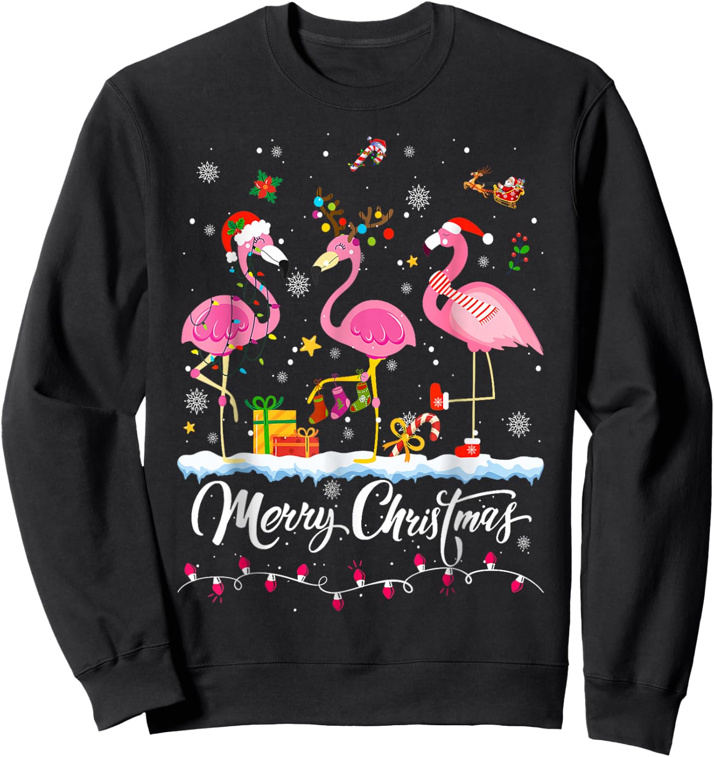 Merry Christmas Hat Santa Flamingo Light Christmas Snow Sweatshirt - Sweatshirt | Black
