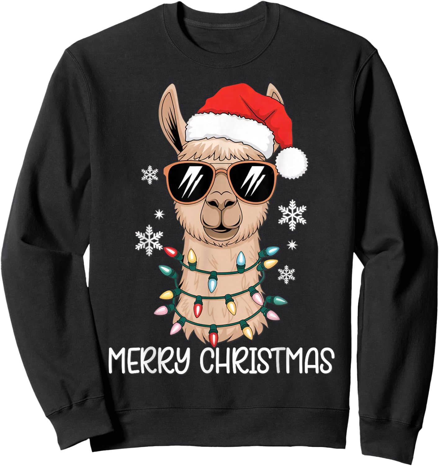 Merry Christmas Santa Llama with Holiday Lights Xmas Sweatshirt - Sweatshirt | Black