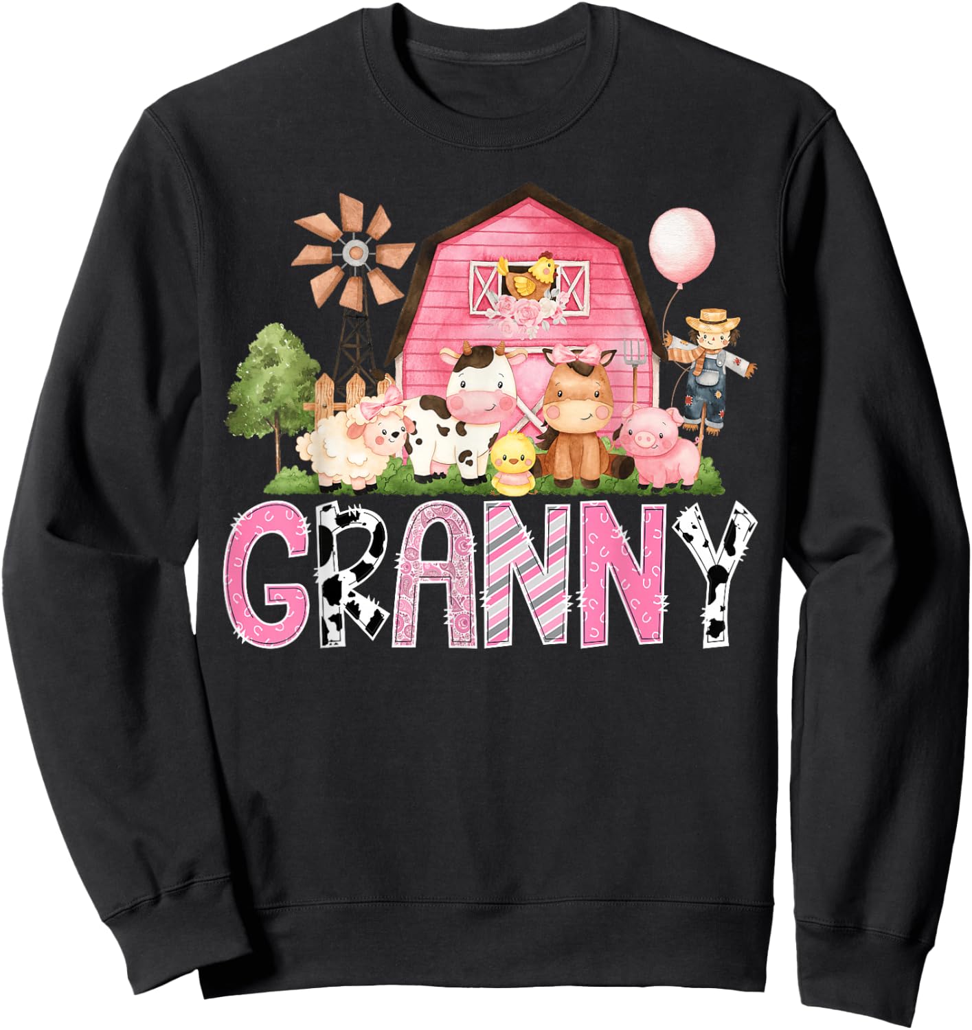 Granny Pink Farm Cow Birthday Girl Matching Family Sweatshirt - Sweatshirt | Black