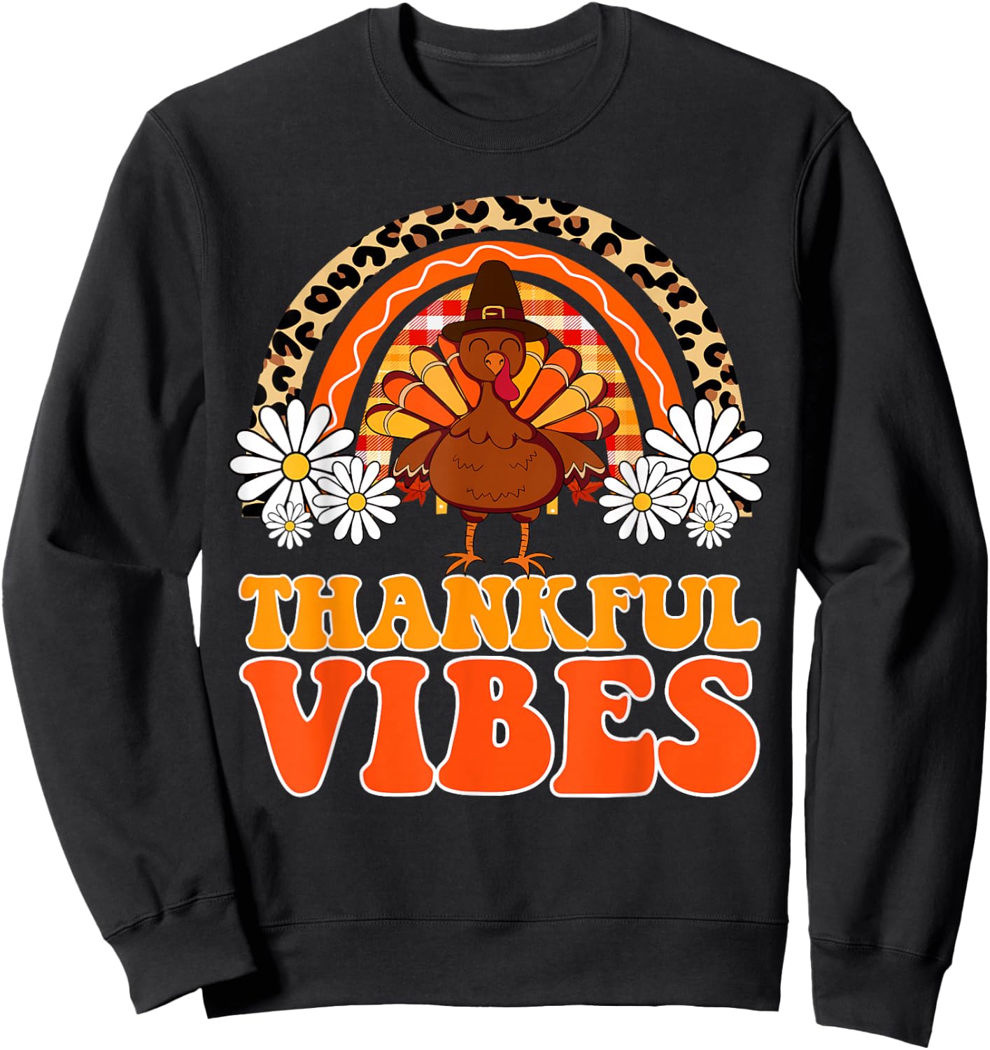 Thankful Vibes Turkey Rainbow Funny Retro Thanksgiving Women Sweatshirt - Sweatshirt | Black