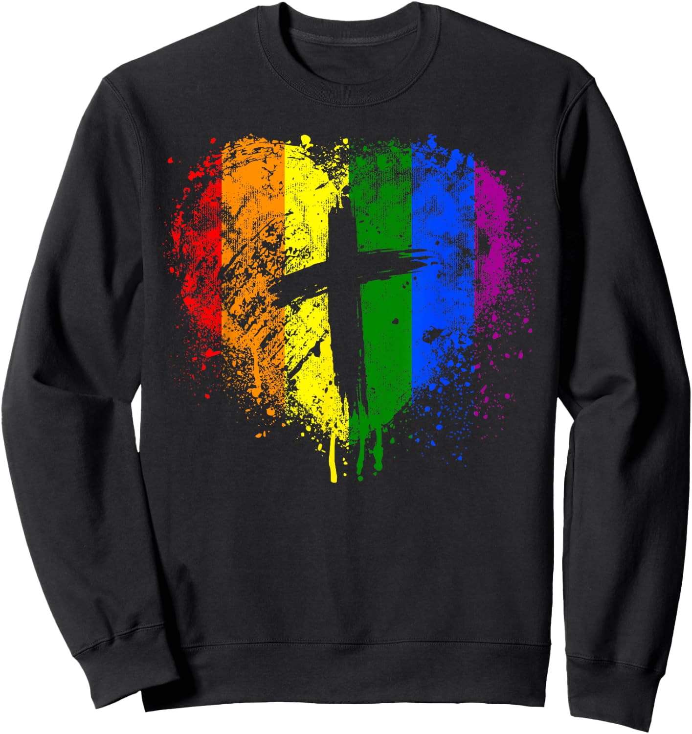 Rainbow Heart with Cross, Christian Religious Gay Pride Sweatshirt - Sweatshirt | Black