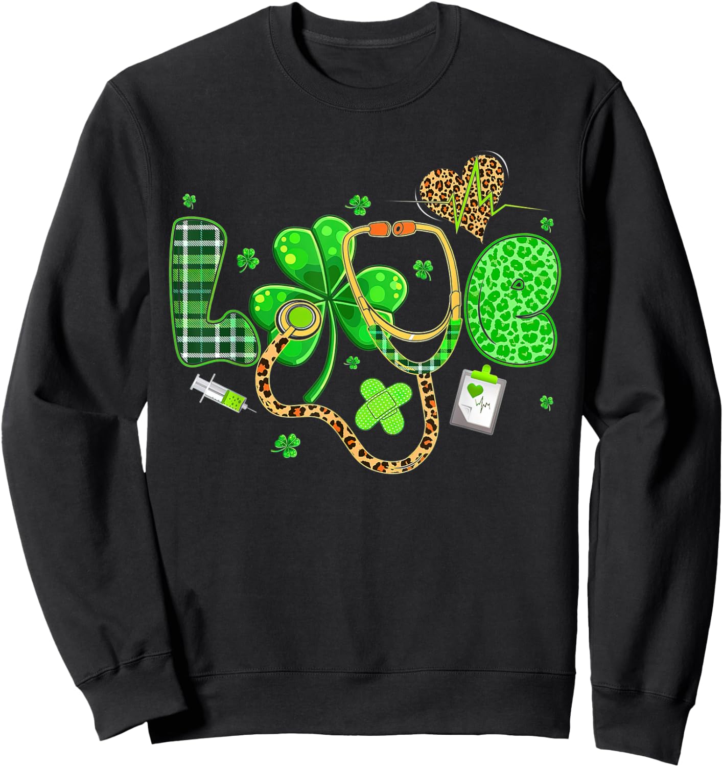 LOVE Nurse Leopard Stethoscope Shamrock St Patricks Day Sweatshirt - Sweatshirt | Black