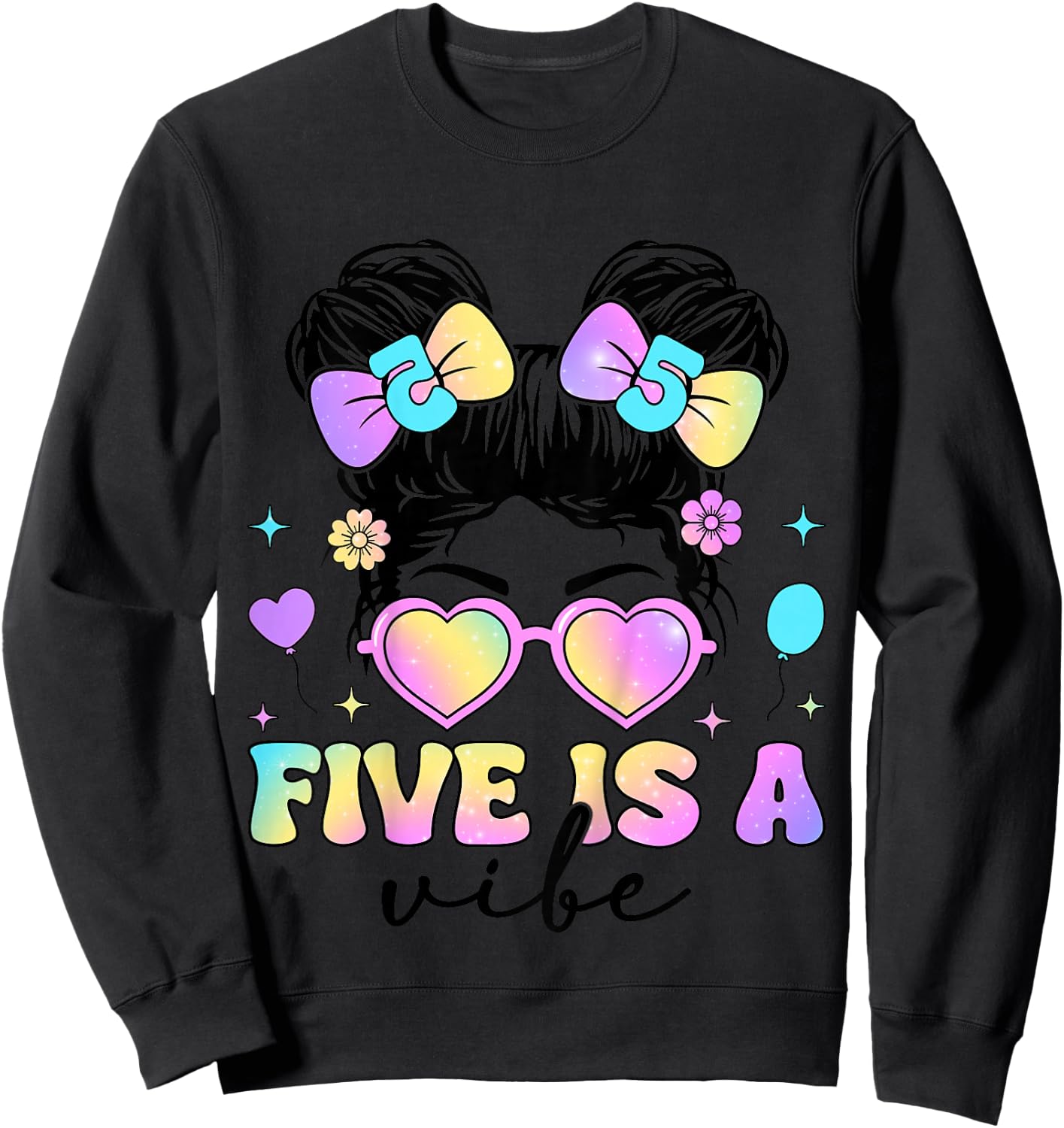 Five Is A Vibe 5th Birthday Messy Bun 5 Year Old Girl Sweatshirt - Sweatshirt | Black
