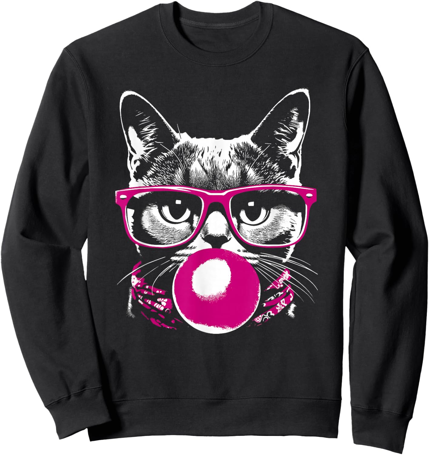 Cat in Pink Glasses Pink Bubble Men Women Kids Funny Cat Sweatshirt - Sweatshirt | Black